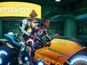 Mio and Zoe jump onto a cyberpunk style motorbike in Split Fiction