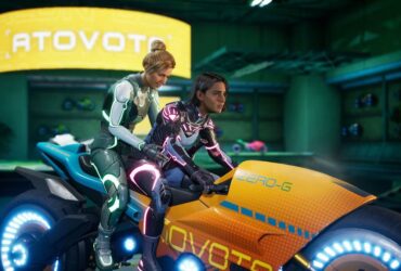 Mio and Zoe jump onto a cyberpunk style motorbike in Split Fiction