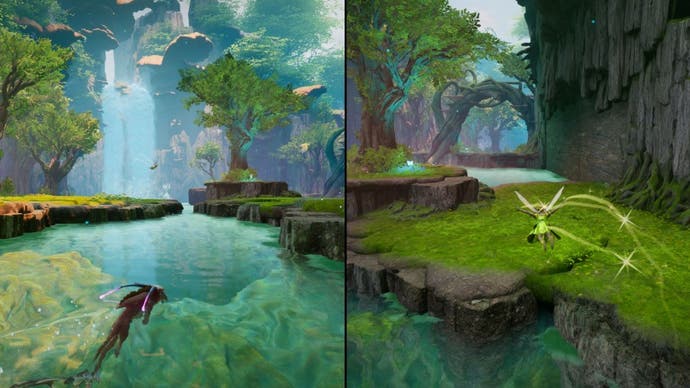 Split Fiction fantasy level showing Mio (left) as a shapeshifted swimming creature and Zoe (right) as a fairy