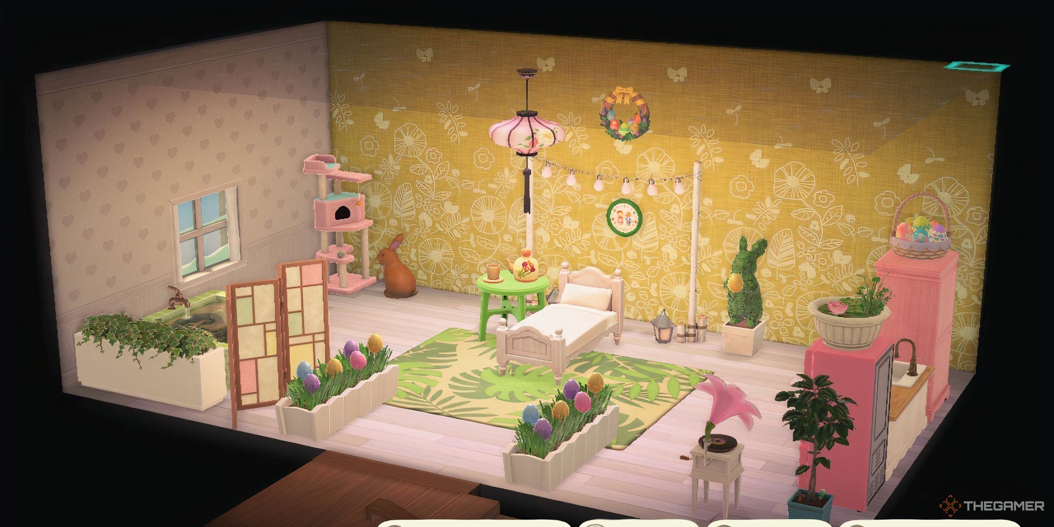 Animal Crossing New Horizons upstrais room of a player home showing a whimsical room mixing spring colors and bunny day decorations.