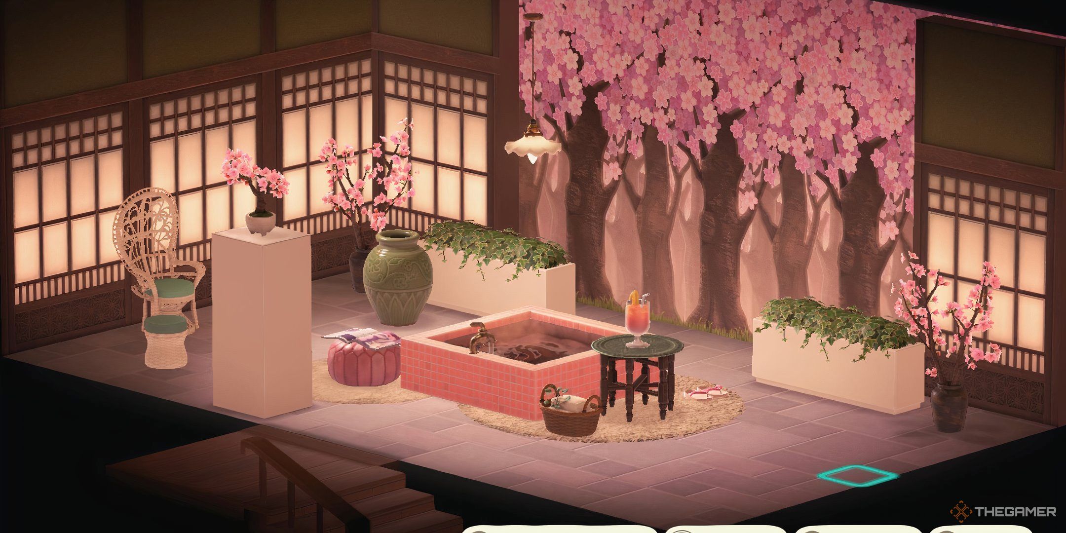 Animal Crossing New Horizons upstrais room of a player home showing a cherry blossom themed spa.