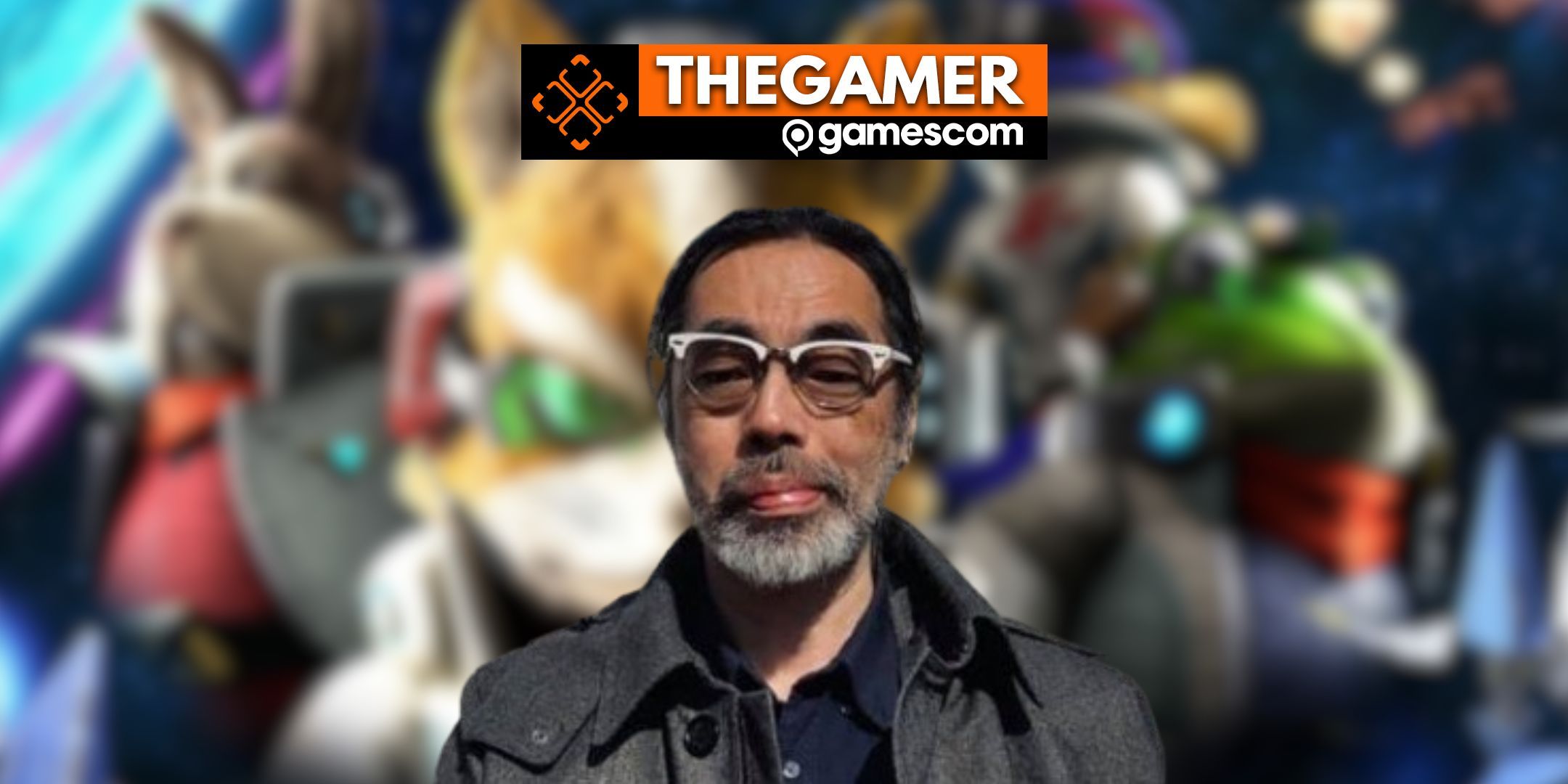 A picture of artist Takaya Imamura in front of a blurred image of Star Fox characters