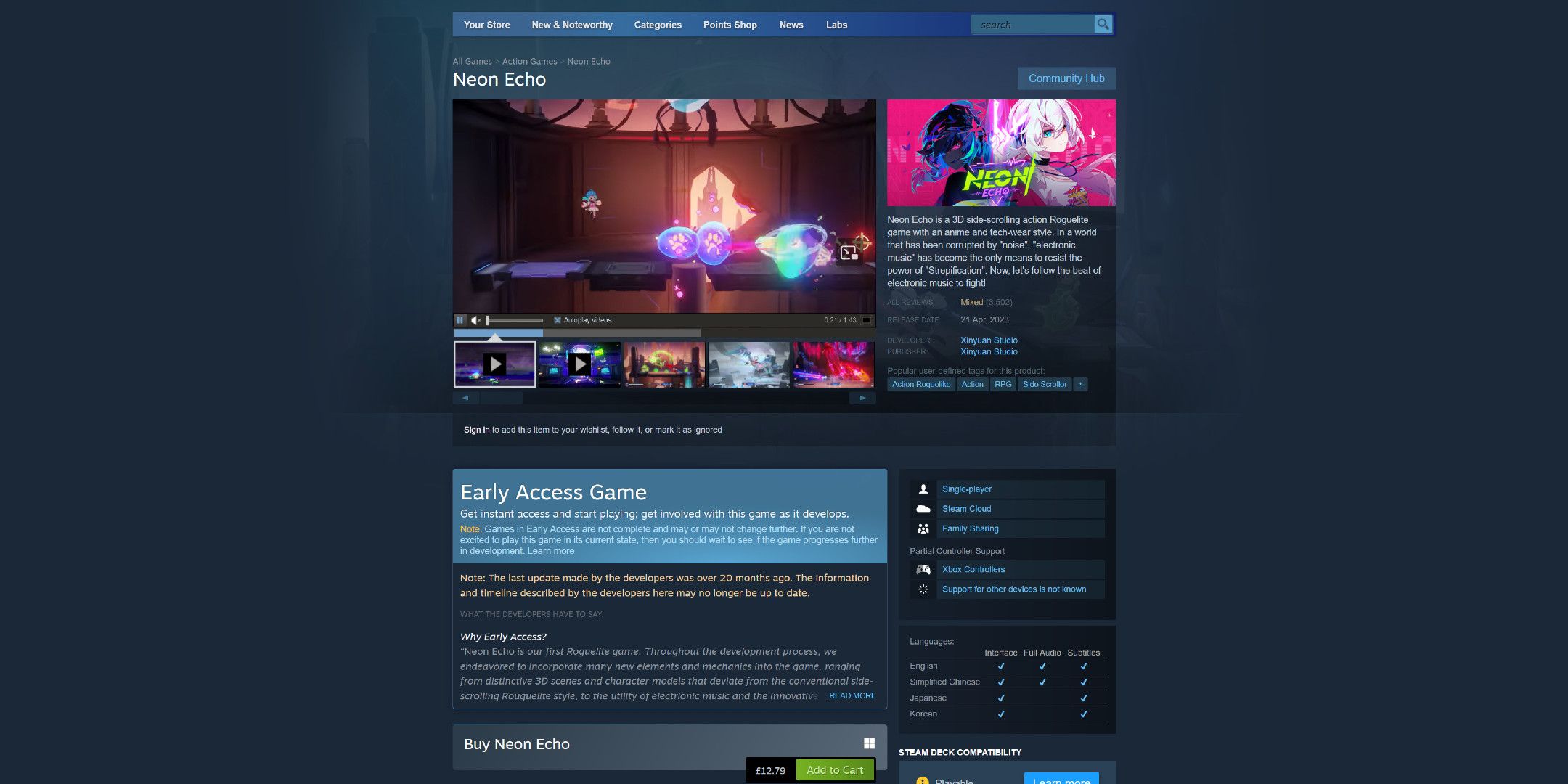 Neon Echo storefront page with a warning that the game hasn't been updated in 20 months.