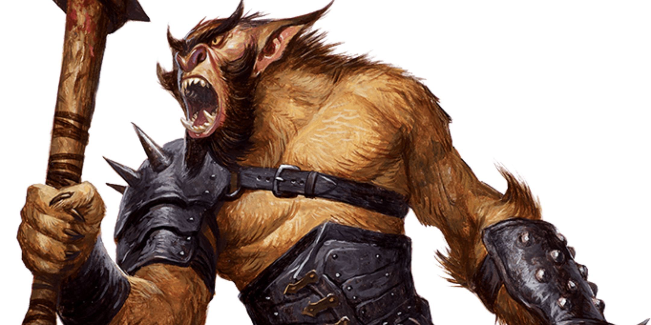 Dungeons & Dragons art of a bugbear yelling in hide armor.