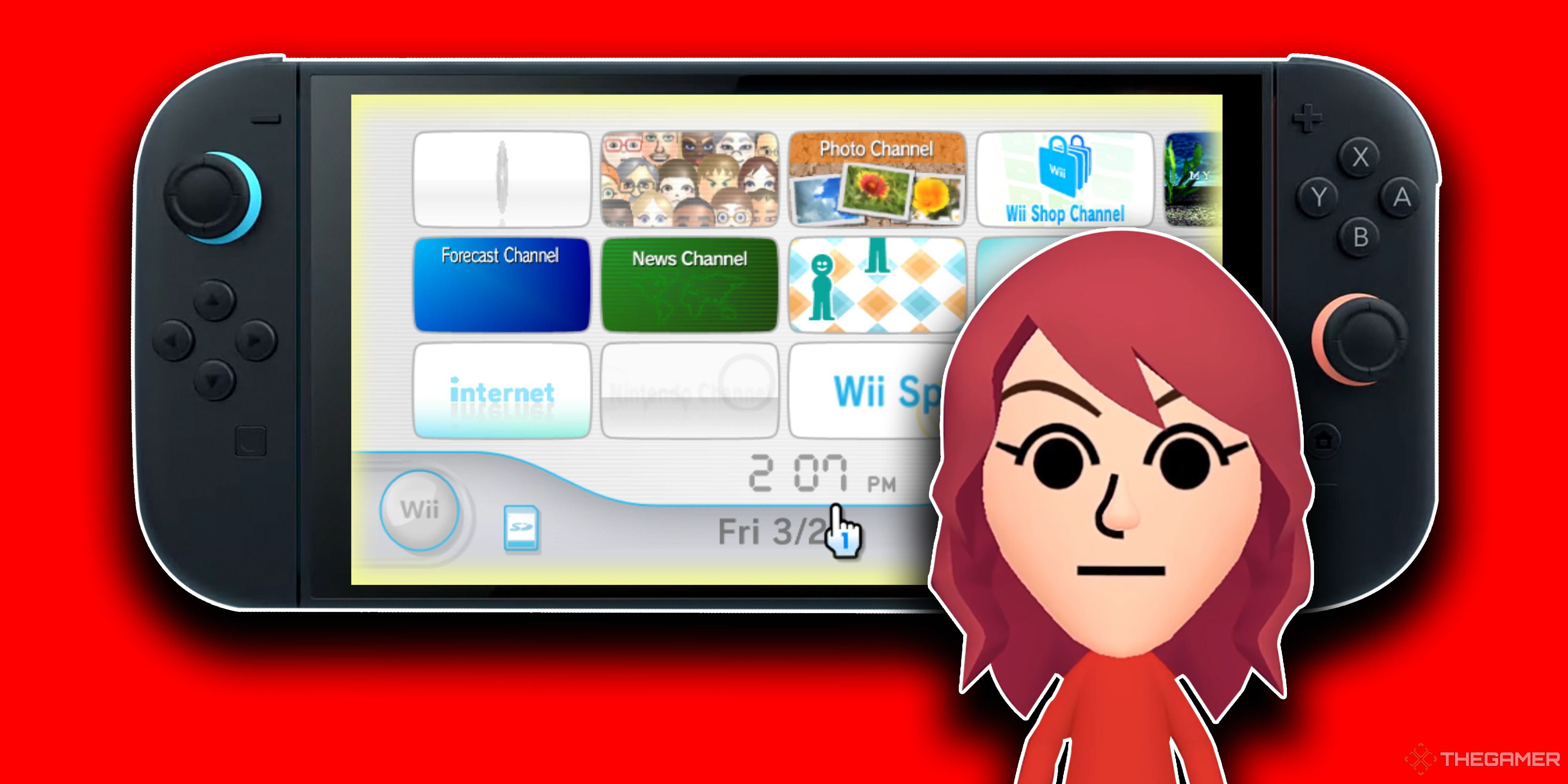 The Nintendo Switch 2 hardware with the Wii OS running on it. A Mii stands in front of the console, with a red background.