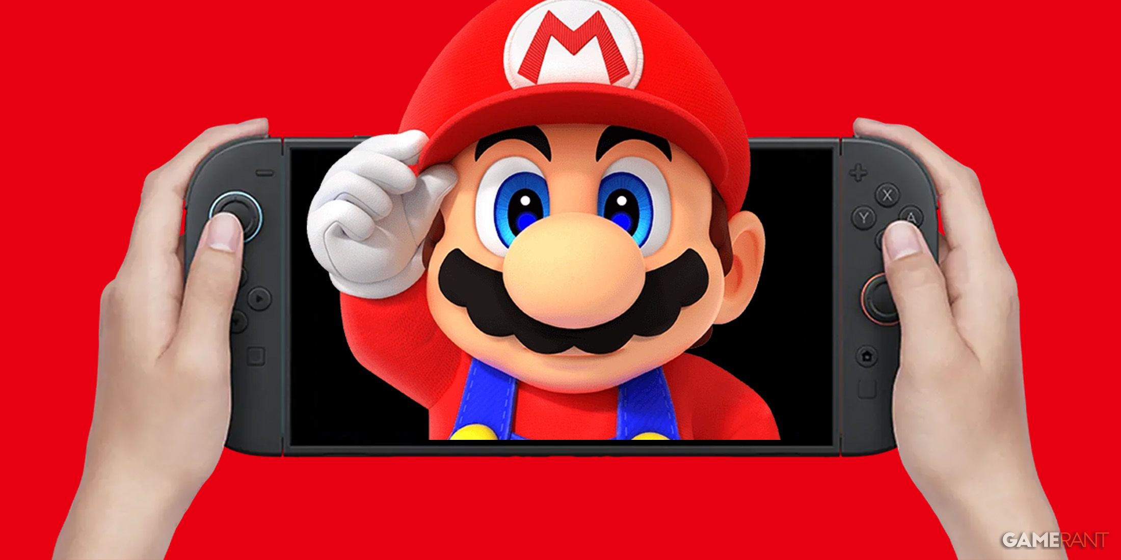 Super Mario holding his hat while merging from hand-held Nintendo Switch 2 on red background 2x1 composite