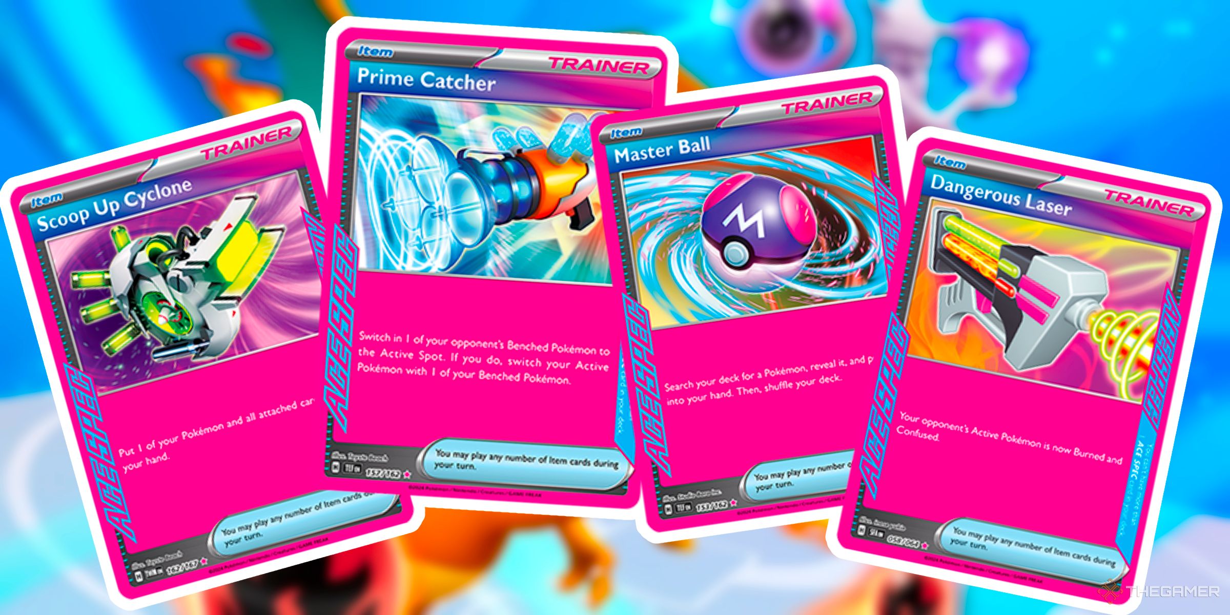 Scoop Up Cyclone, Master Ball, Prime Catcher, And Dangerous Laser Ace Spec Cards From The Scarlet & Violet Era Of The Pokemon Trading Card Game.