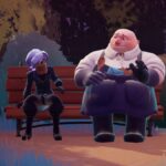 Wanderstop screenshot of two characters sitting together on a bench, one holds a wooden spoon