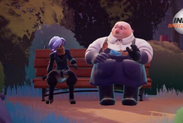 Wanderstop screenshot of two characters sitting together on a bench, one holds a wooden spoon