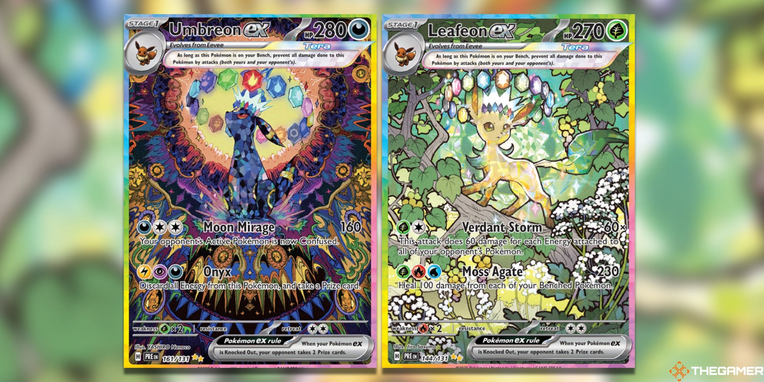 The Prismatic Evolutions Umbreon ex and Leafeon ex Special Illustration Rares from the Pokemon TCG.