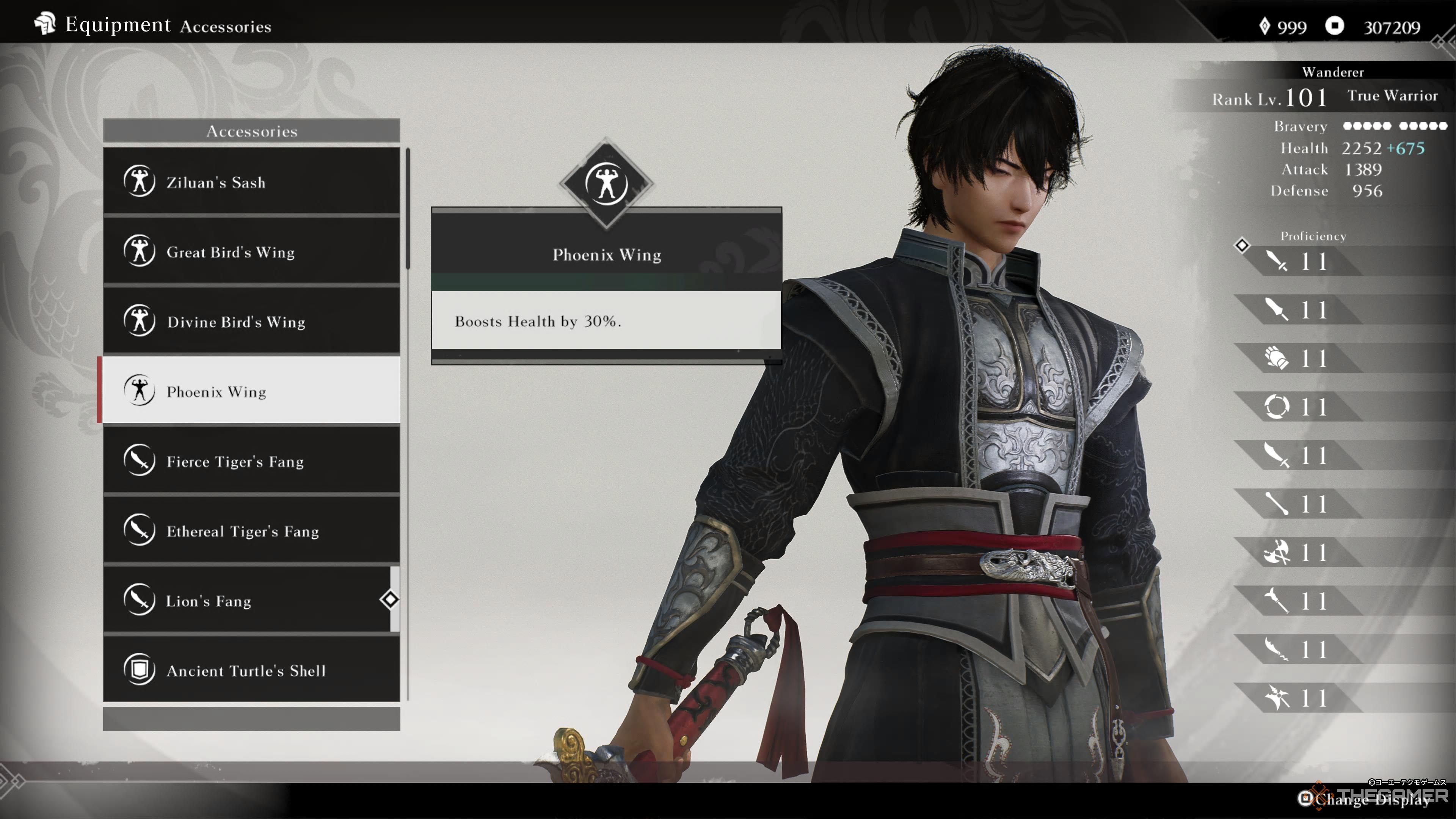 the equipment screen in dynasty warriors: origins with the phoenix wing highlighted.