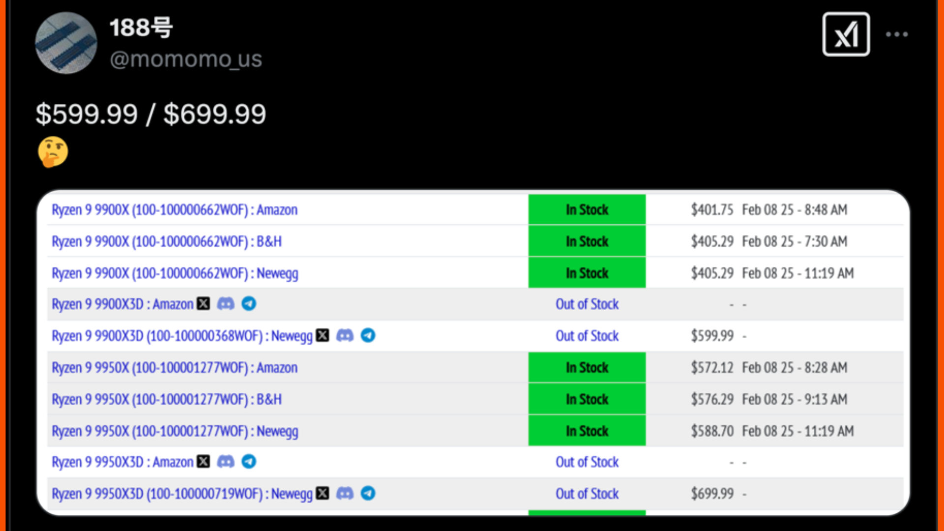 momomo_us X post showing rumored 9950X3D and 9900X3D pricing