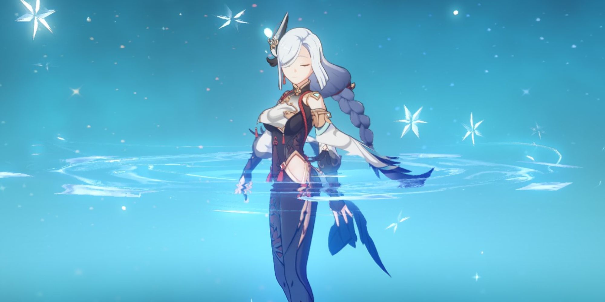 Shenhe's Idle animation from Genshin Impact. Features Shenhe created a icy swirl around her.