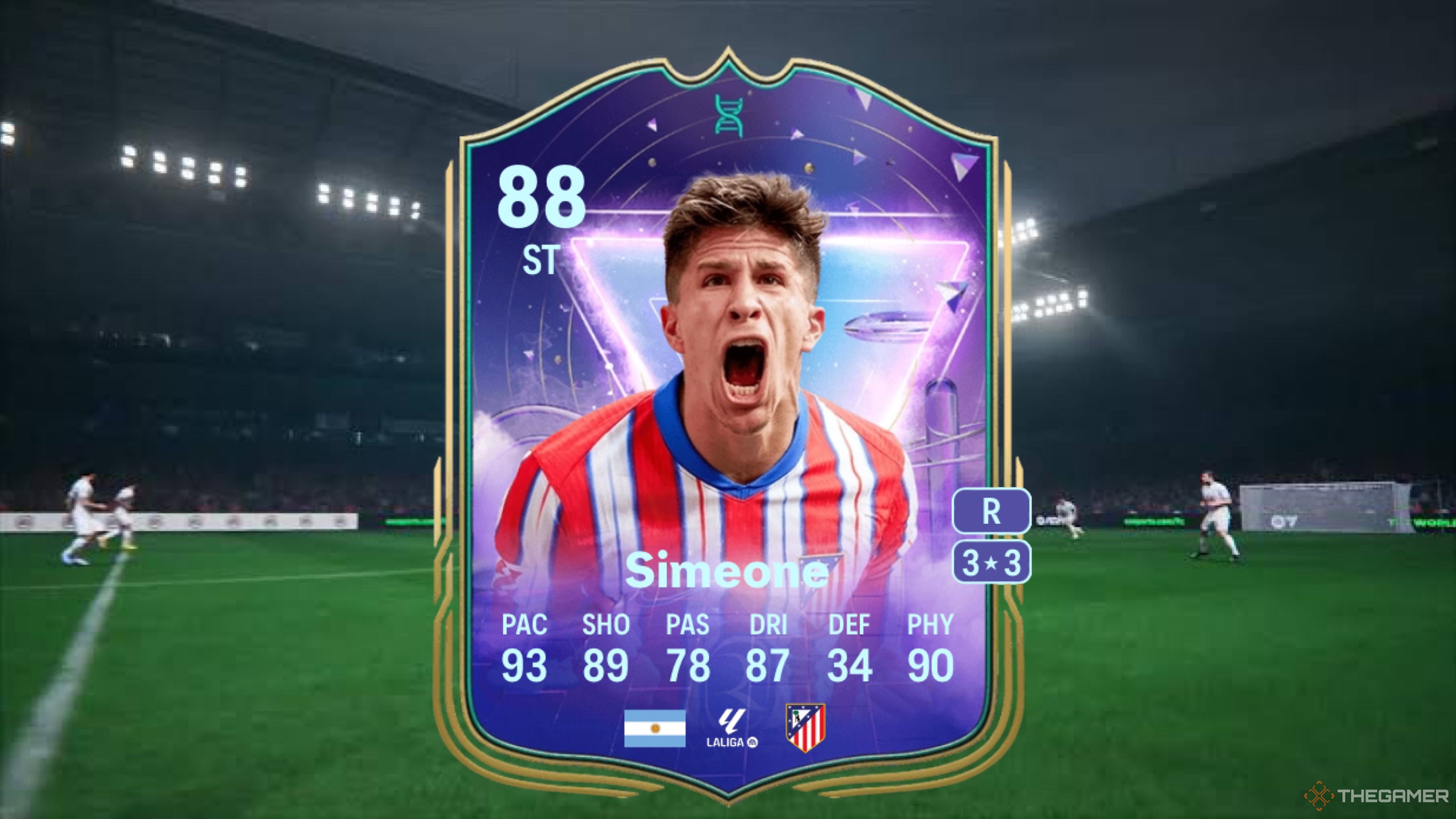 Image showing Simeone card against a faded pitch background.