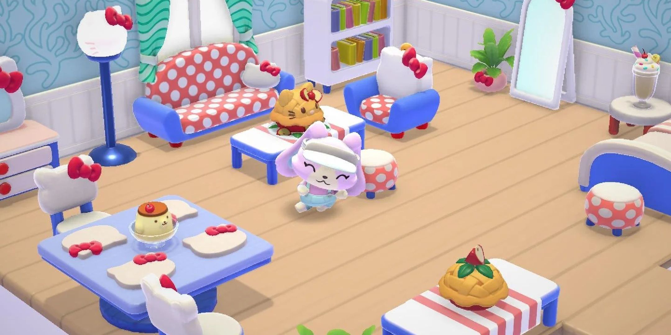 A player posing in their Hello Kitty themed room in Hello Kitty Island Adventure.