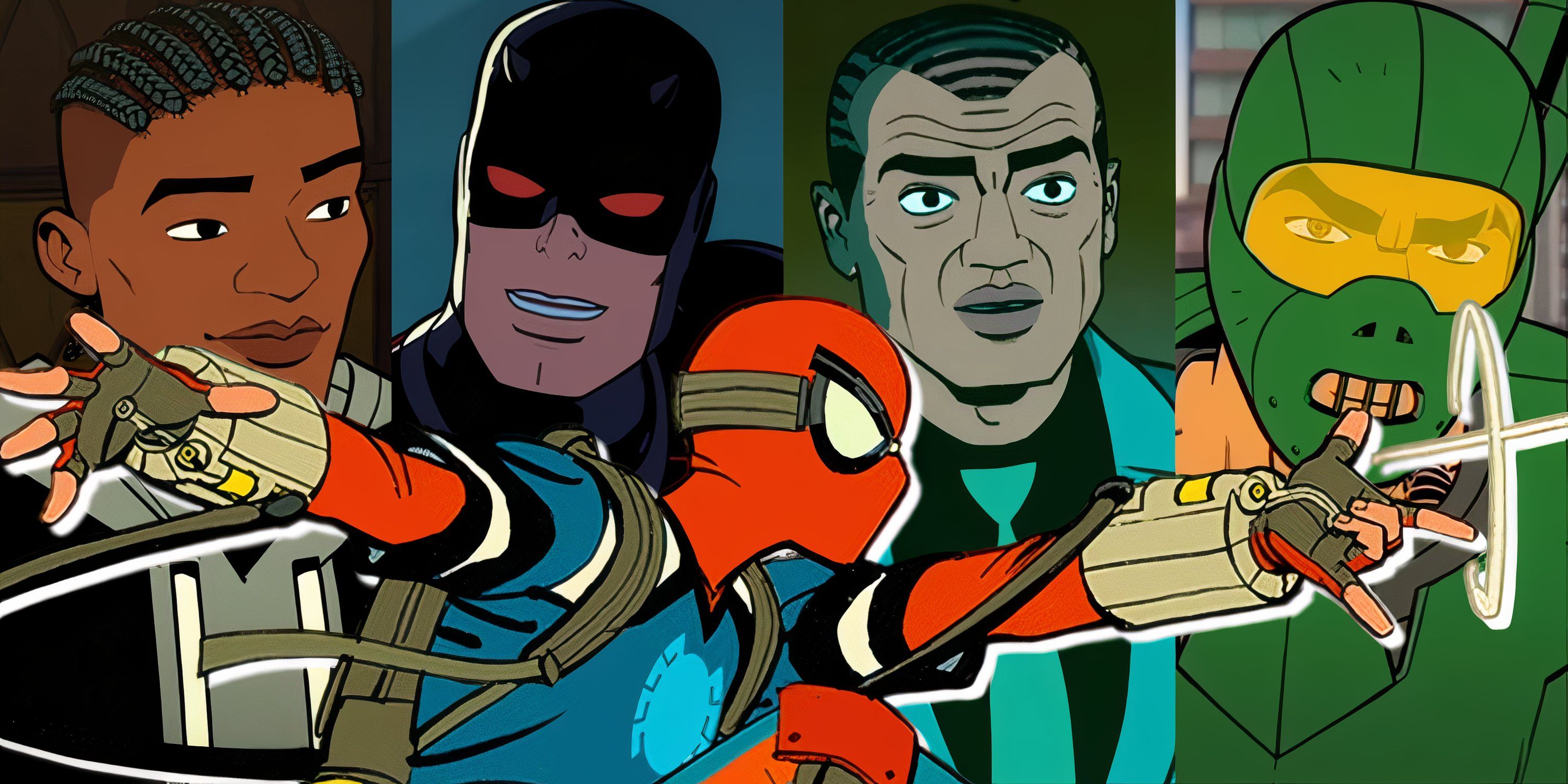 Split image of Spider-Man, Lonnie Lincoln, Daredevil, Norman Osborn, and Scorpion in Your Friendly Neighborhood Spider-Man