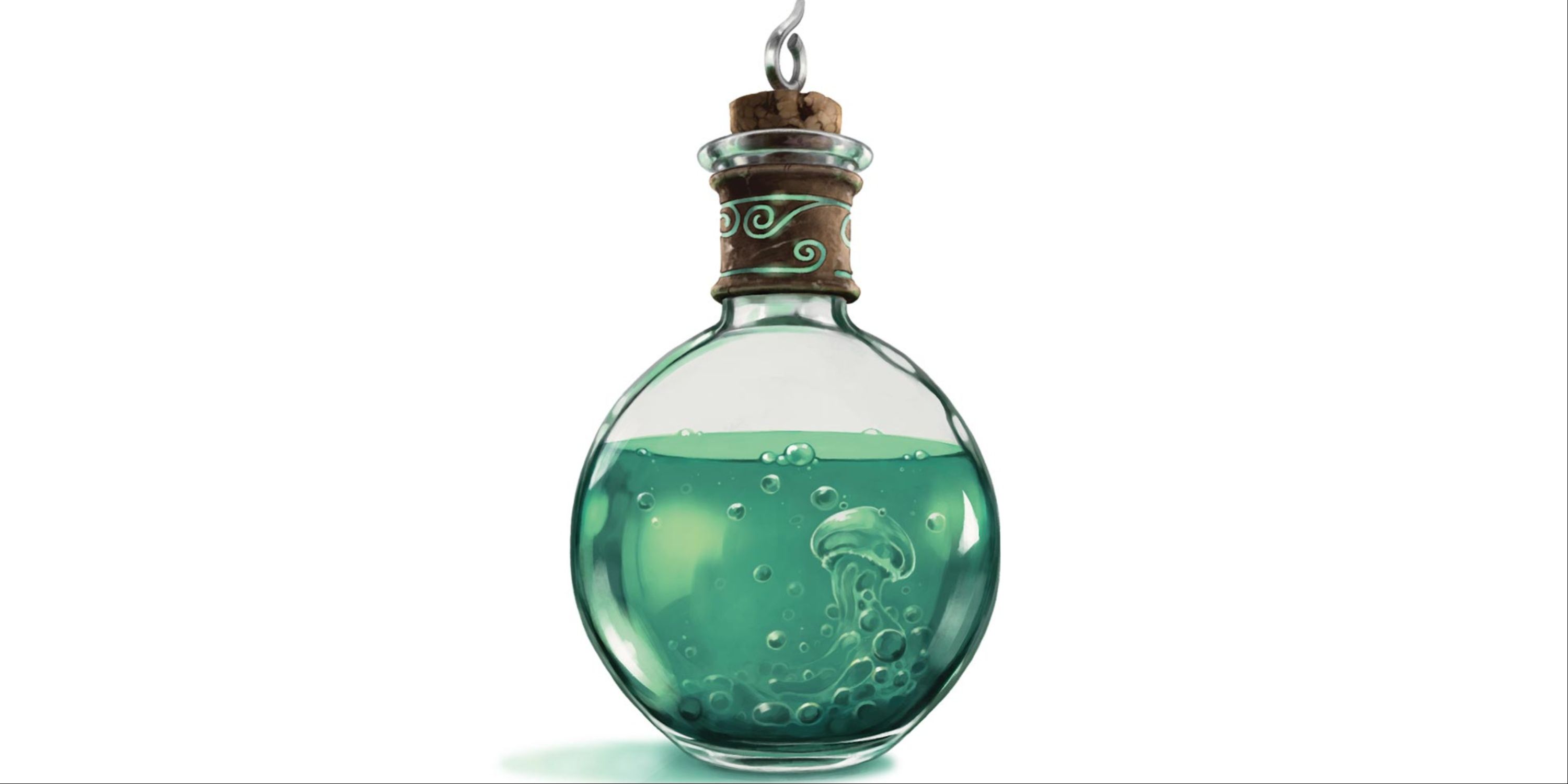 A corked potion bottle containing a sea green liquid filled with bubbles, one of which is in the shape of a jellyfish.