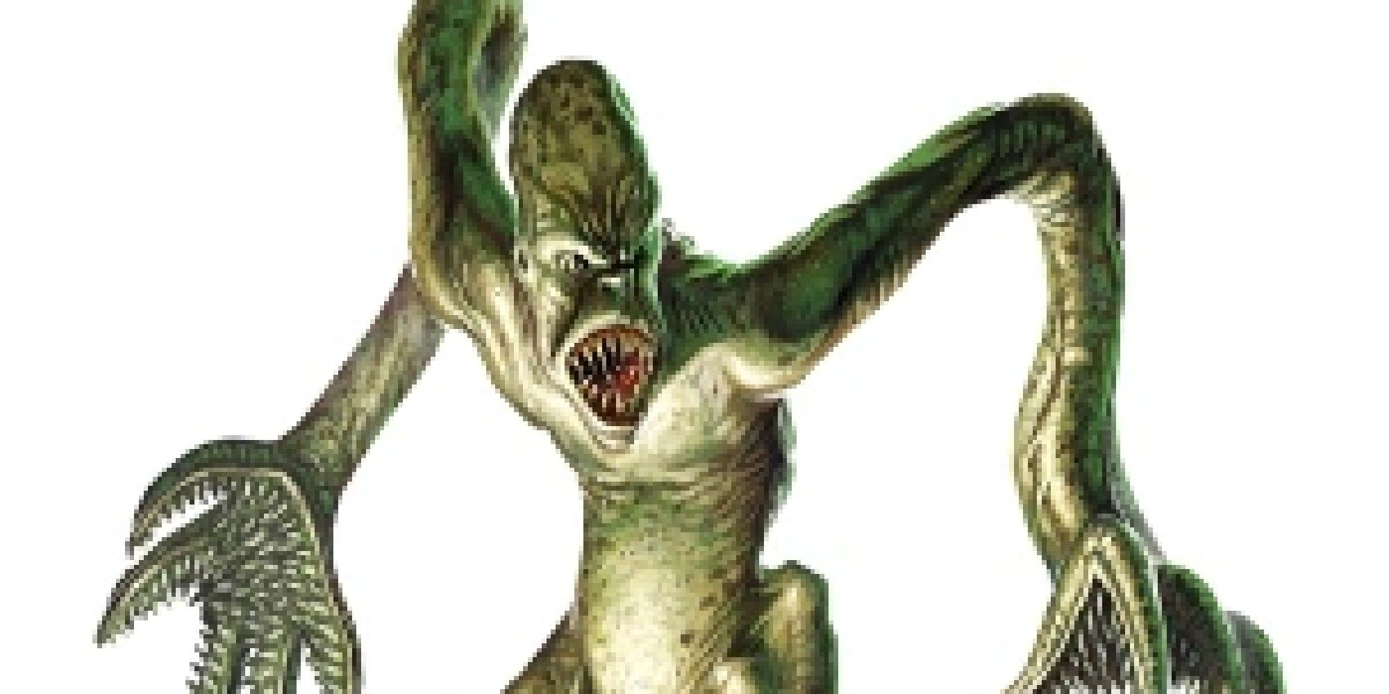 A clear view of a choker, a green, slender monster with squid like hands.