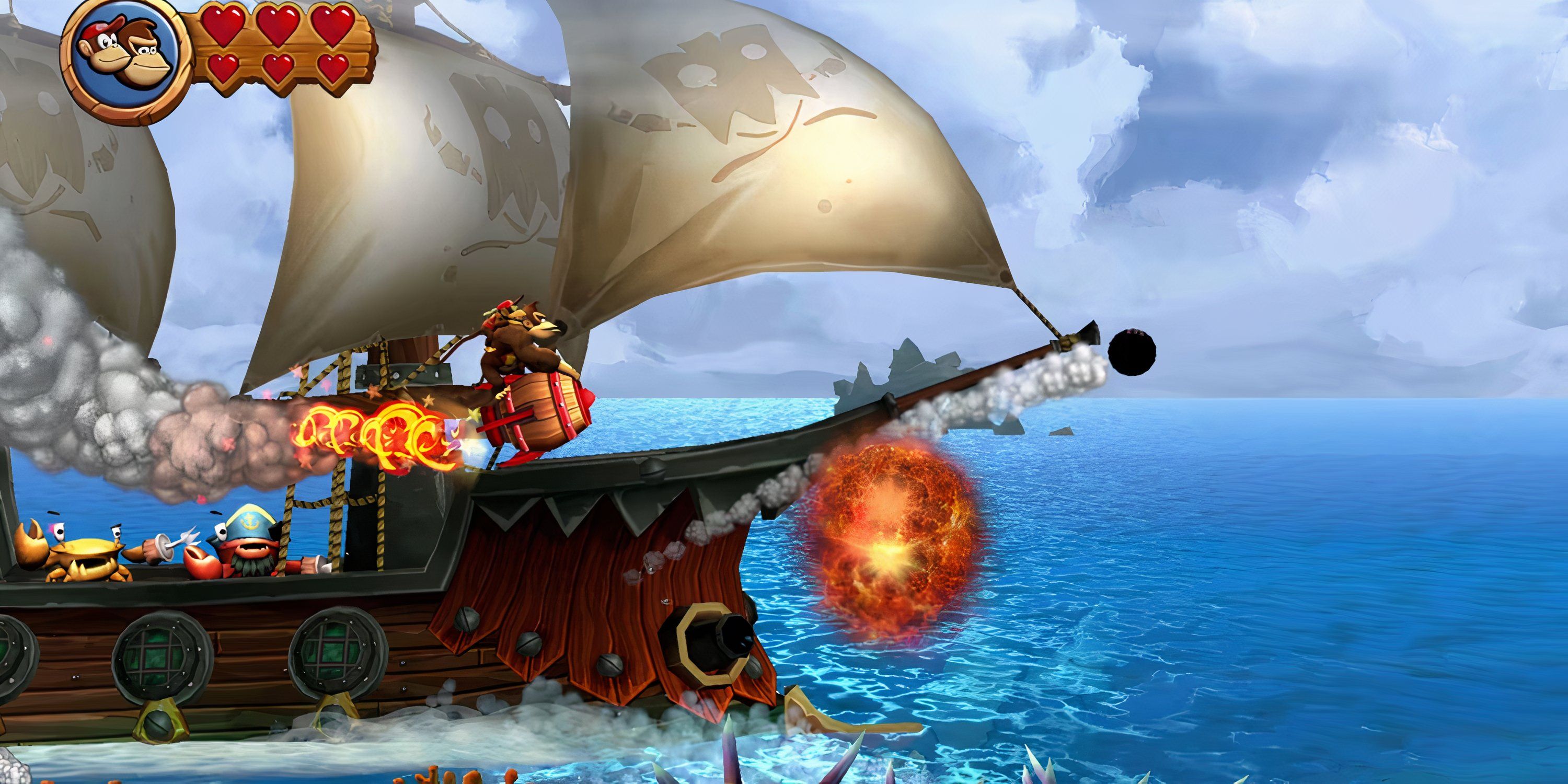 Donkey Kong and Diddy Kong ride a barrel over a ship in Donkey Kong Country Returns HD.