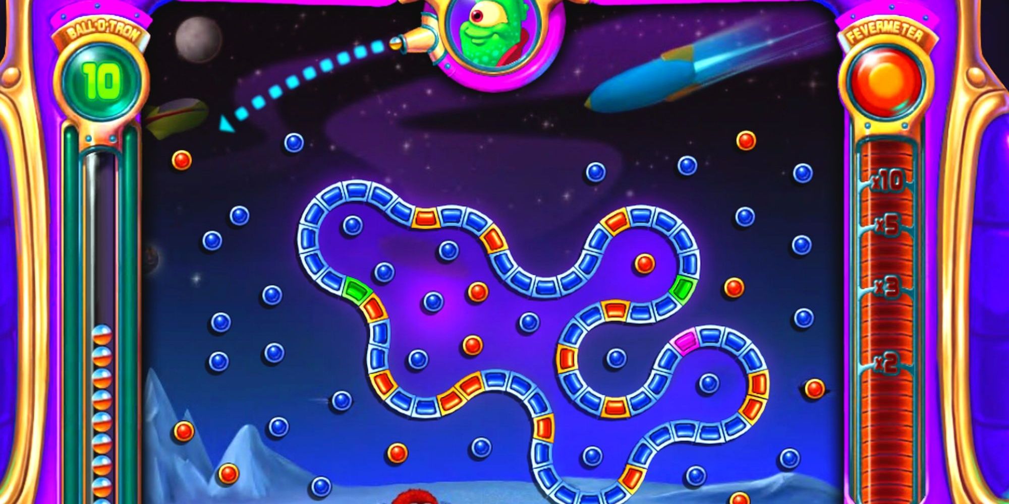 Peggle screenshot of a board with many blue and orange pegs and a cannon preparing to fire a marble.