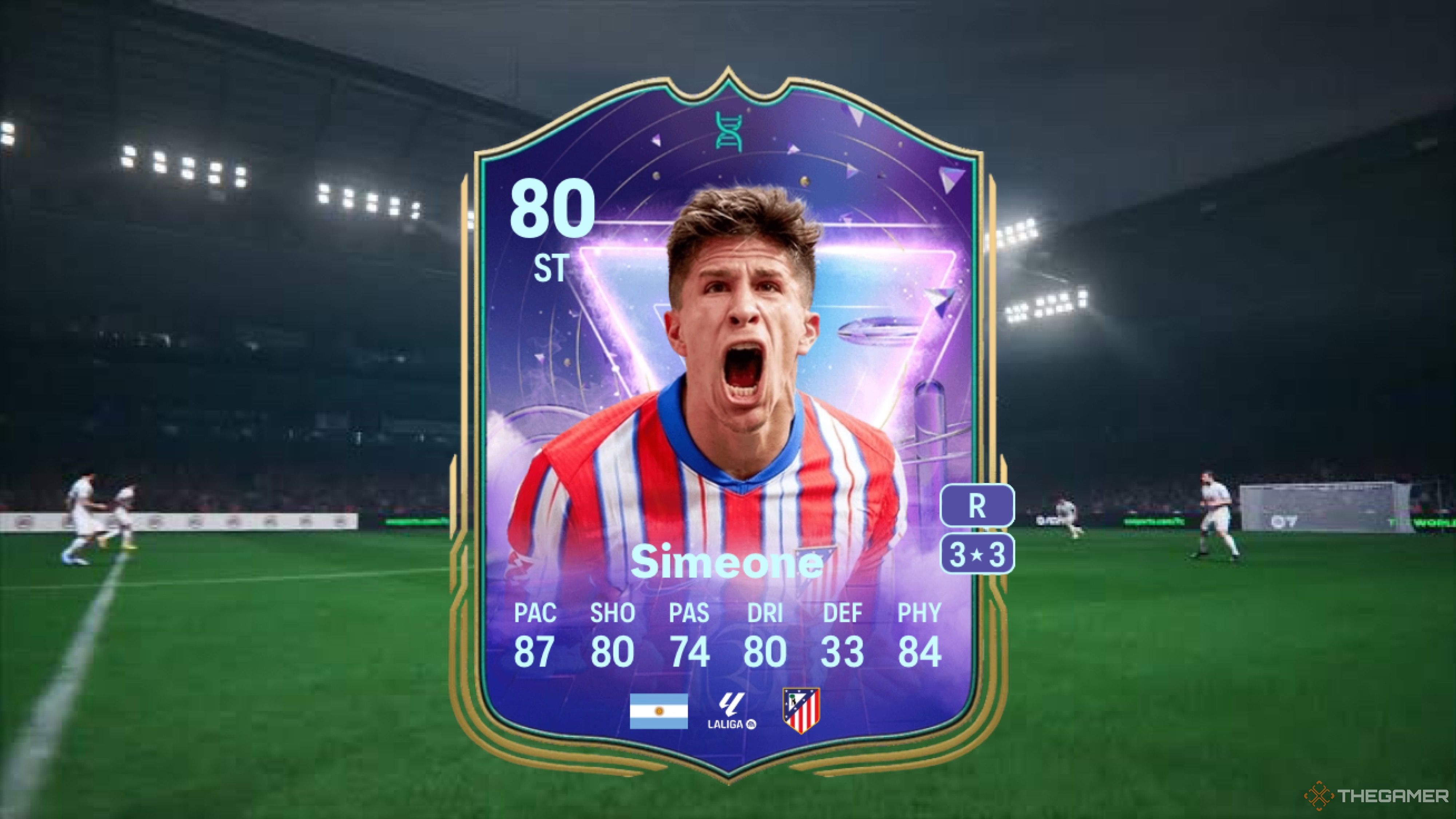 Image showing Simeone card against a faded pitch background.