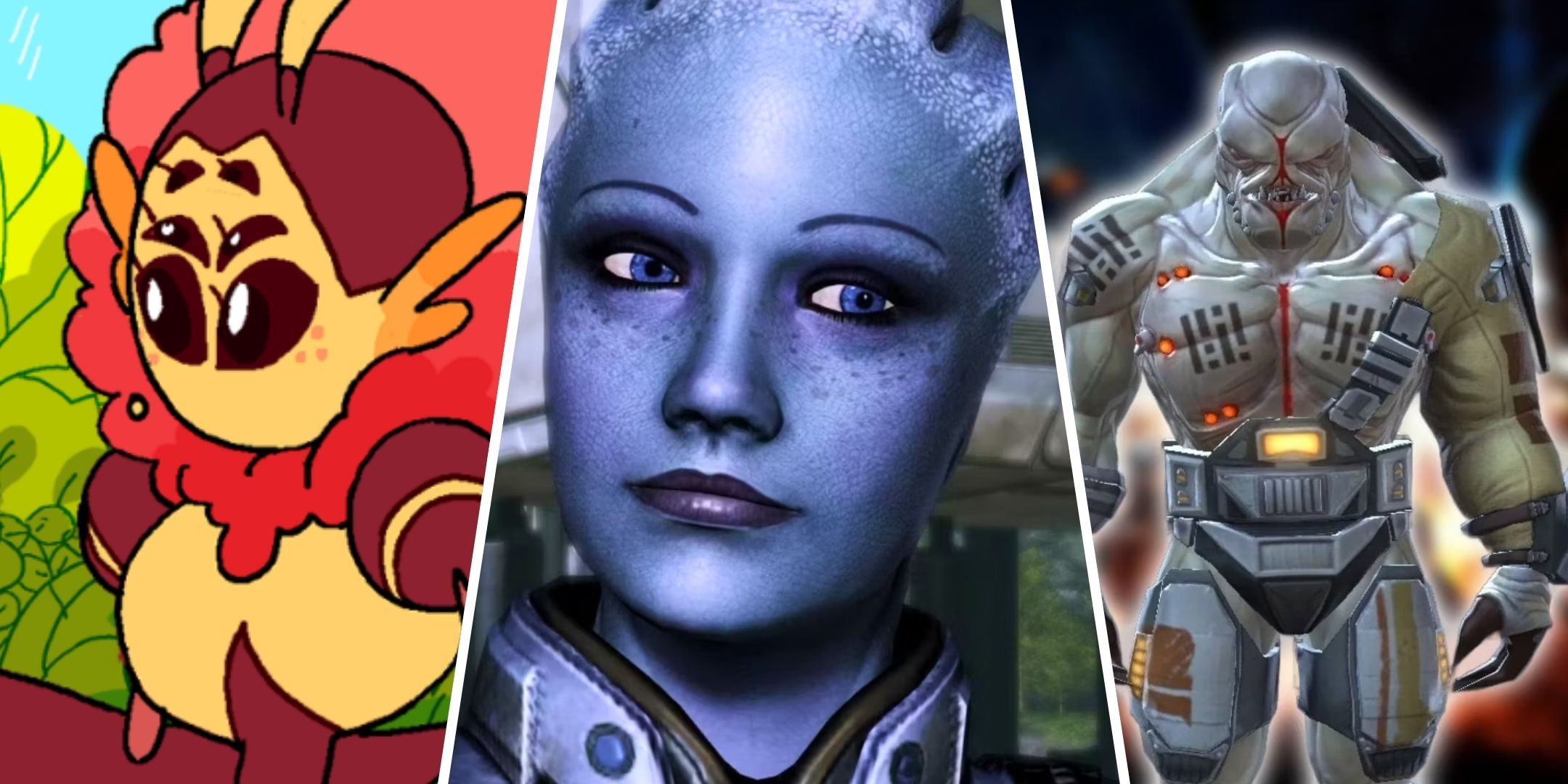 A split image of Oaxa from Serre, Liara from Mass Effect, and Khem Val from Star Wars: The Old Republic.