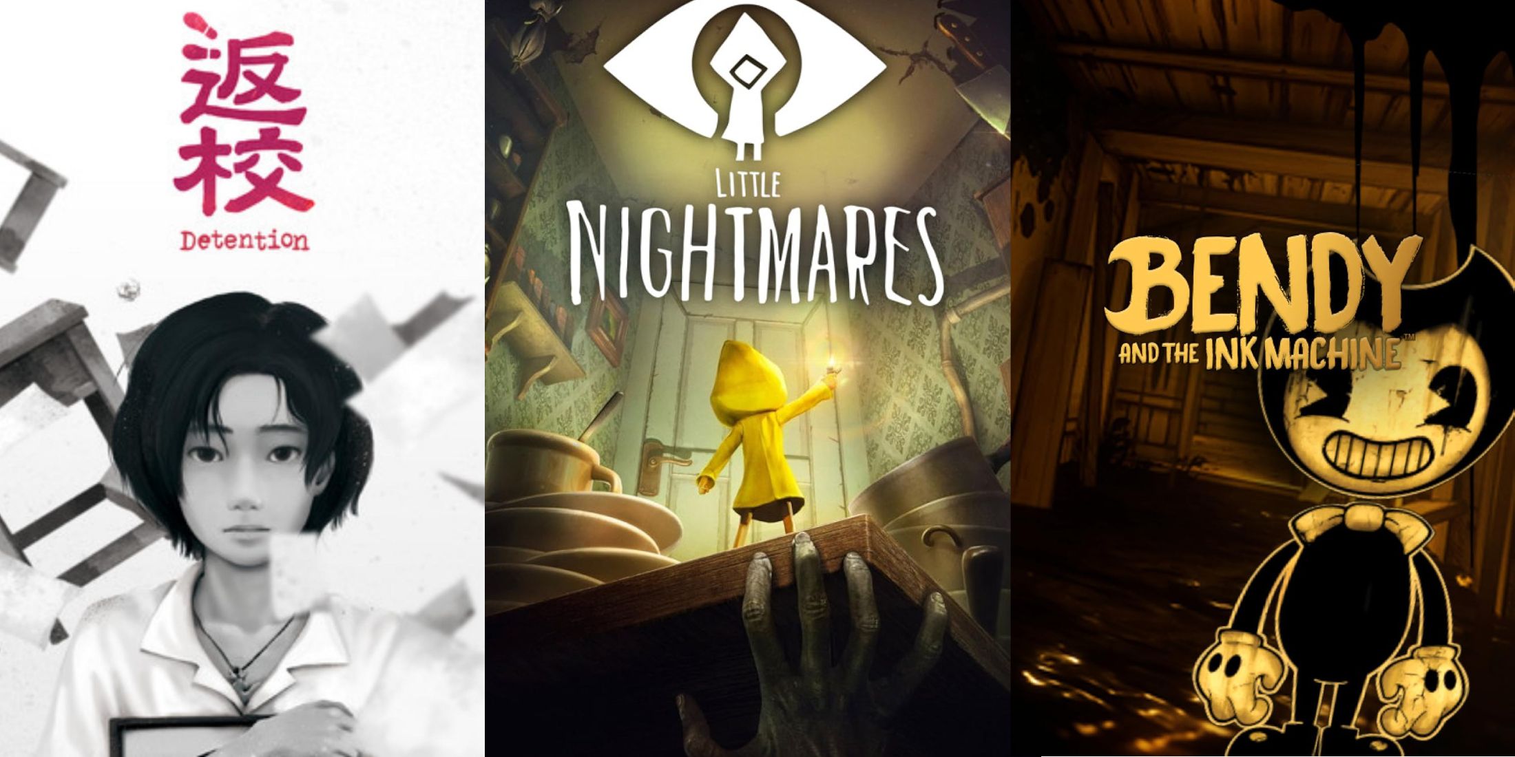 X Best Horror Games With Stylized Graphics split image with cover art for Detention, Little Nightmares, and Bendy and the Ink Machine