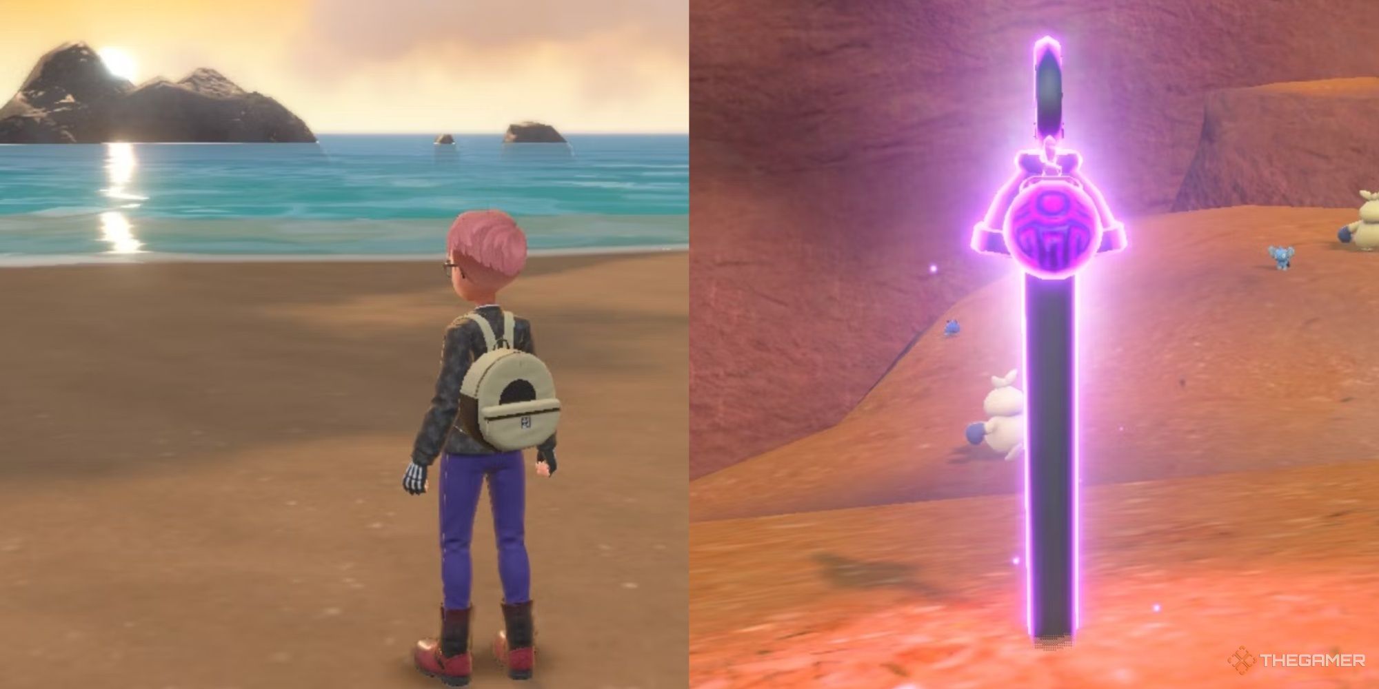 a trainer looking out to sea and an ominous stake in pokemon scarlet and violet hidden locations pokemon secrets