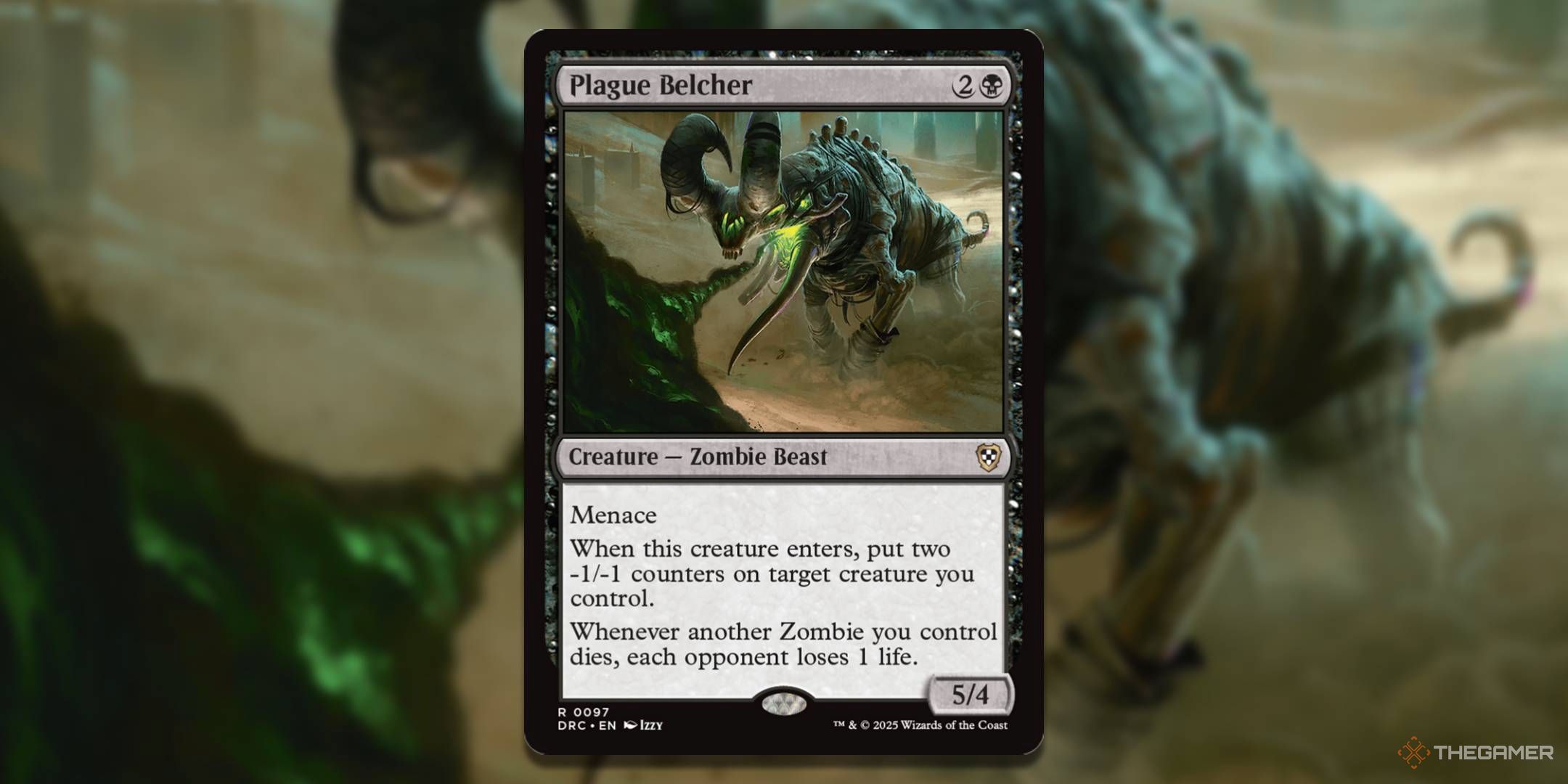 MTG Plague Belcher card with the art in the background.