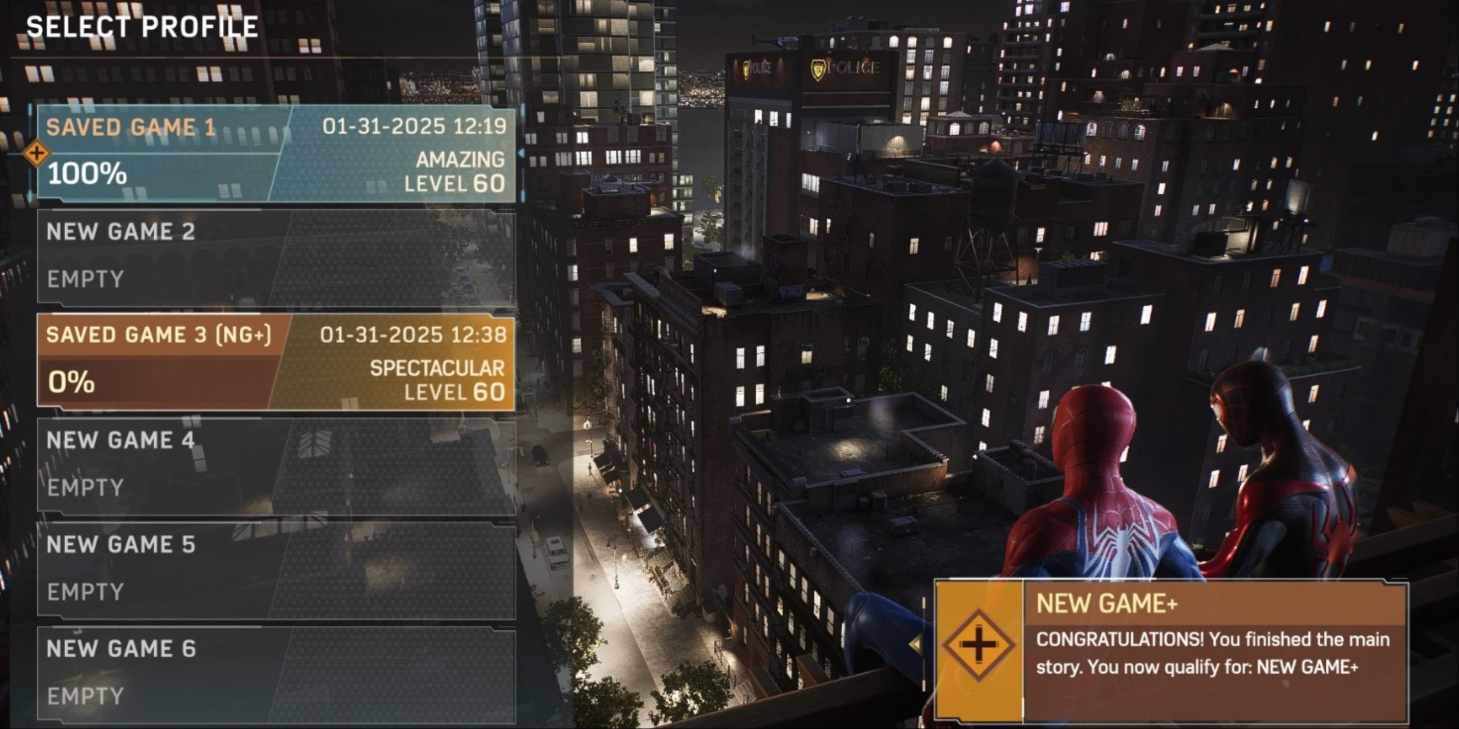 100 Percent Save NG Plus Or New Game Plus Ready mod with the save files and New Game Plus game files shown in the game with Miles and Peter overlooking the city from a rooftop at nighttime.