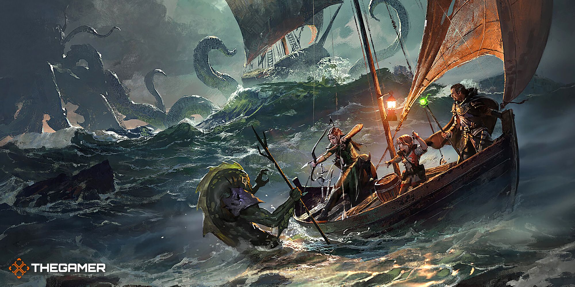 Art from Ghosts of Saltmarsh featuring a party of adventurers on a boat in the ocean full of monsters