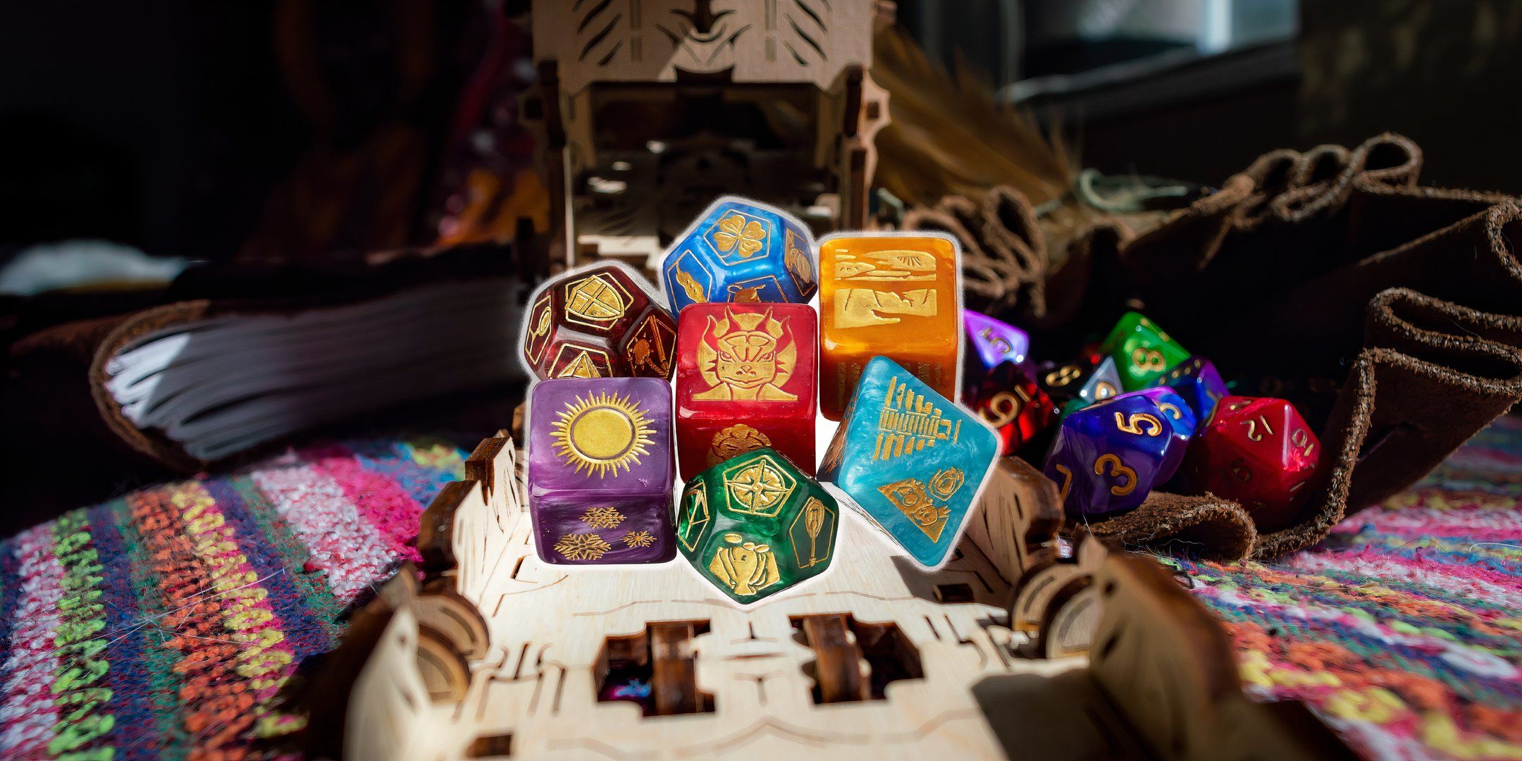 Scrying dice in front of a dice tower and game materials.