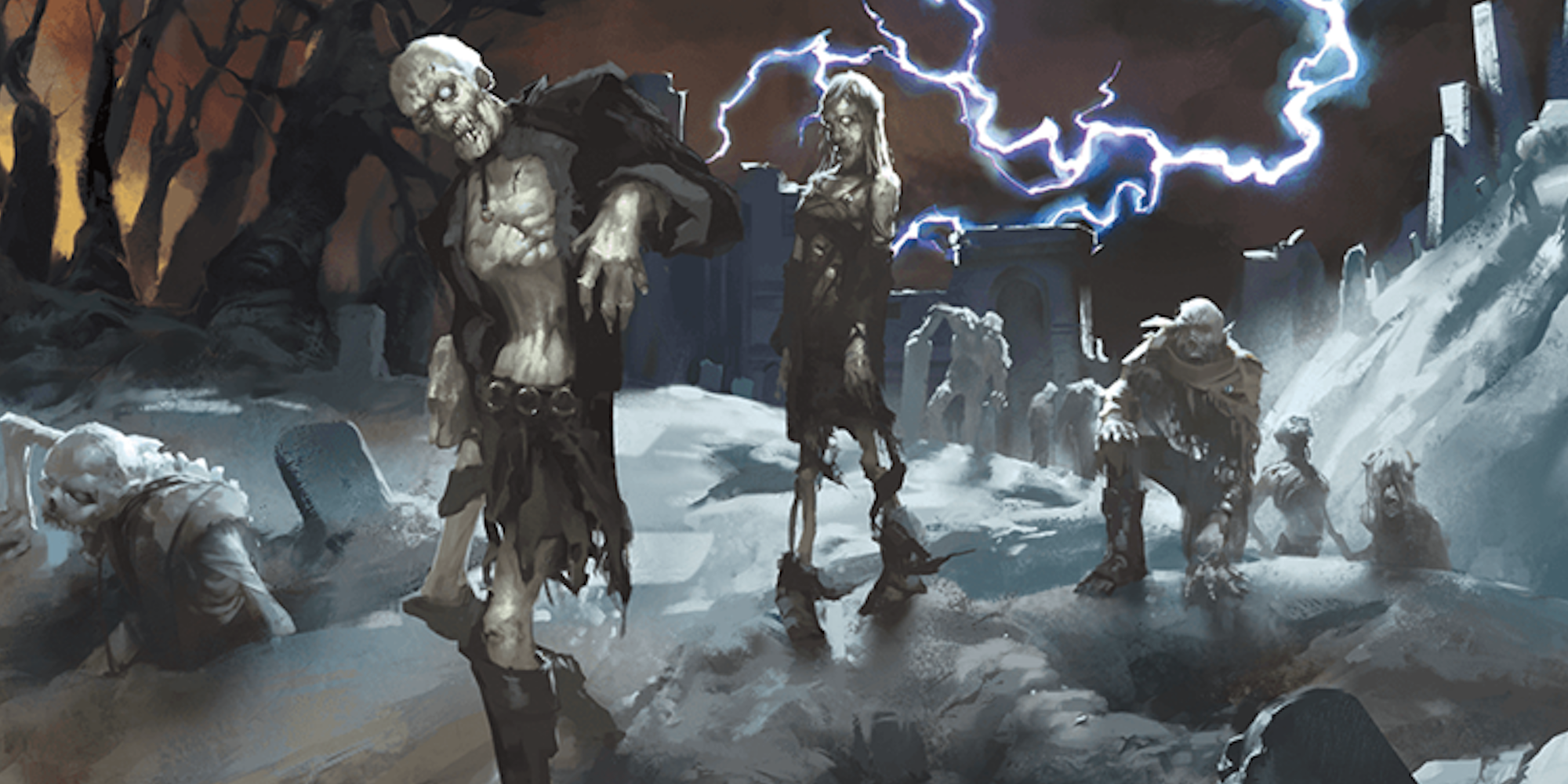 Undead are summoned by a spellcaster in a graveyard as lightning strikes behind them.