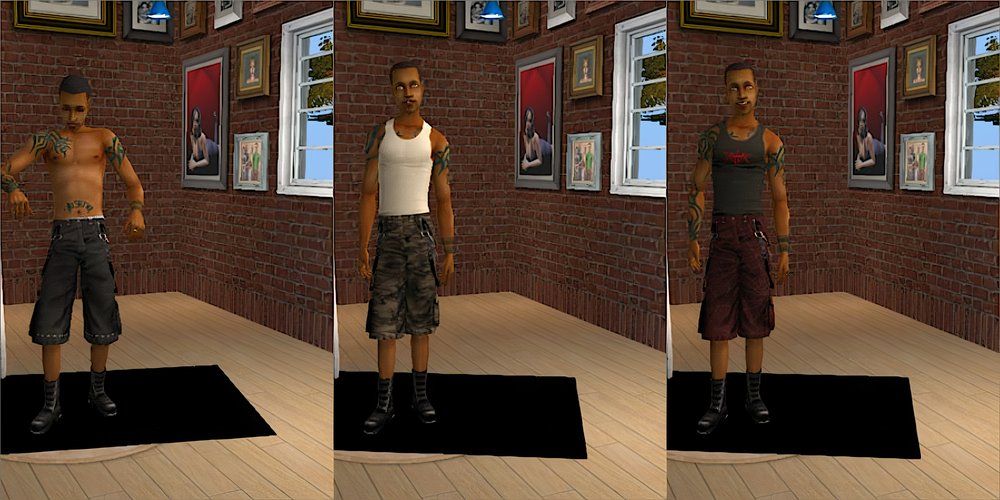 A male Sim wearing cargo shorts with and without a tank top in The Sims 2.