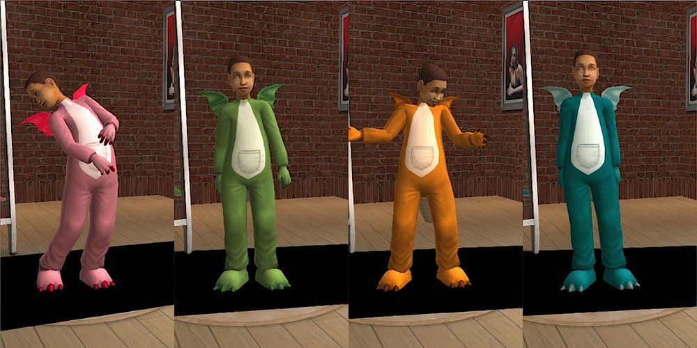 A child Sim wears a dragon onesie in The Sims 2.