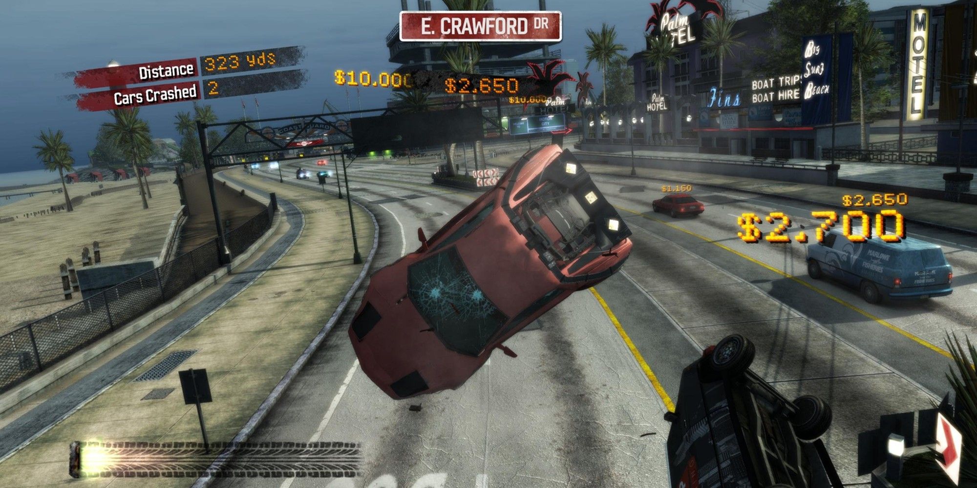 The player's car is getting flipped into the air for bonus points.