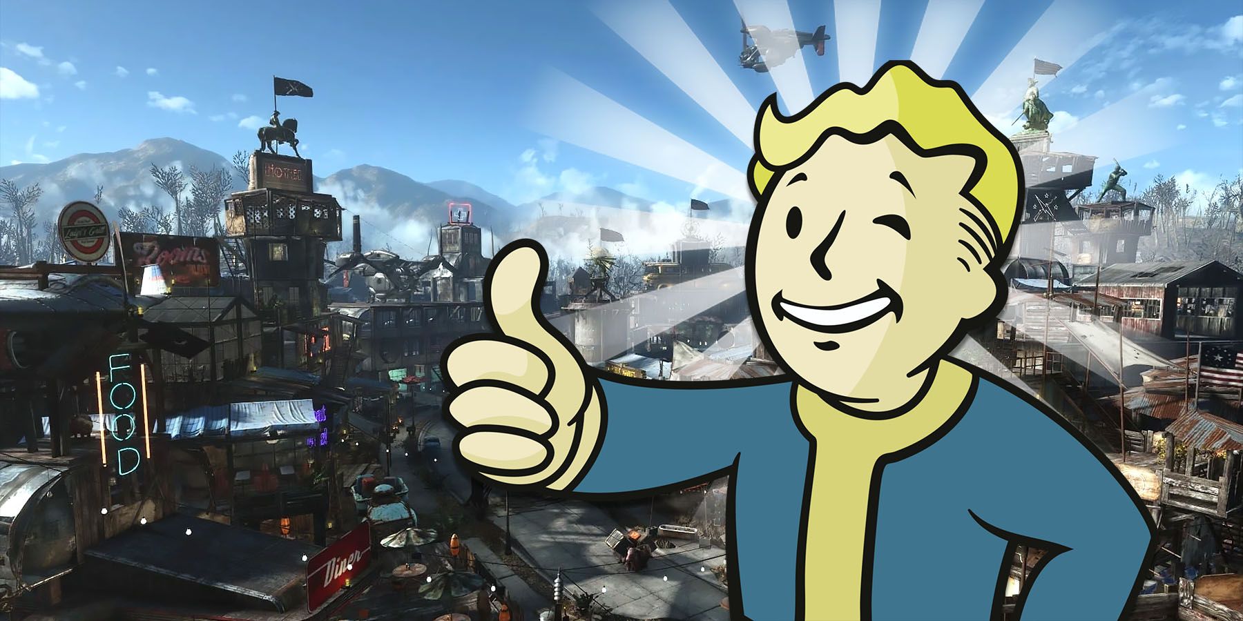 Vault Boy in front of Fallout 4 settlement