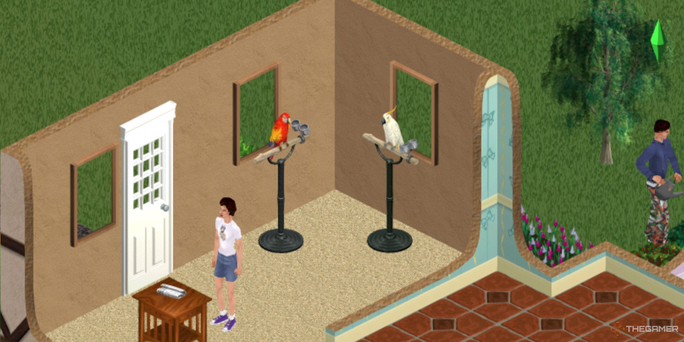 Two Sims With A Parrot And A Cockatoo On Their Perches Inside A House In The Sims Legacy Collection.