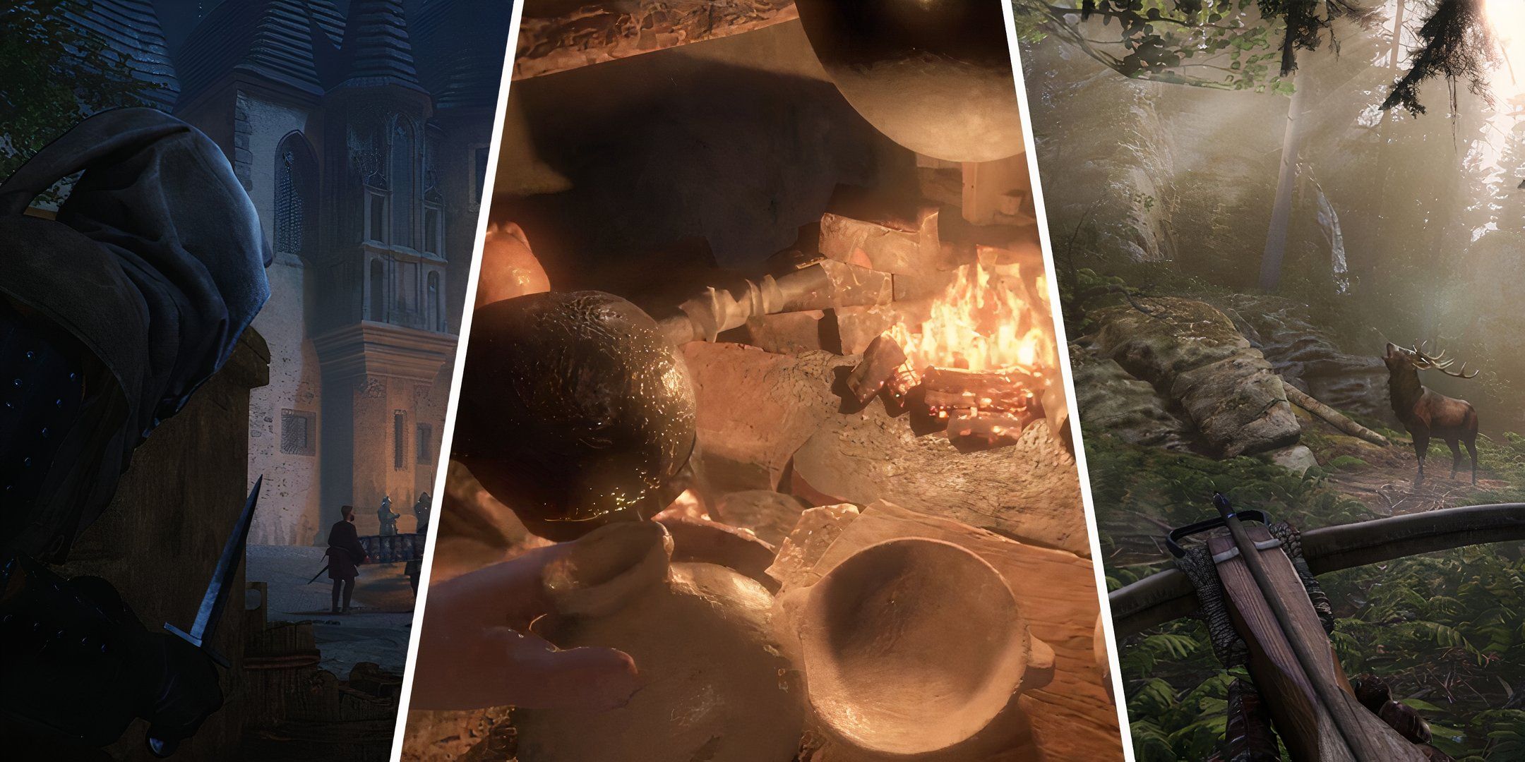 Split image showing a hooded assassin, a potion being brewed at an alchemy table, and a crossbow getting ready to fire on a deer in kingdom come deliverance 2.