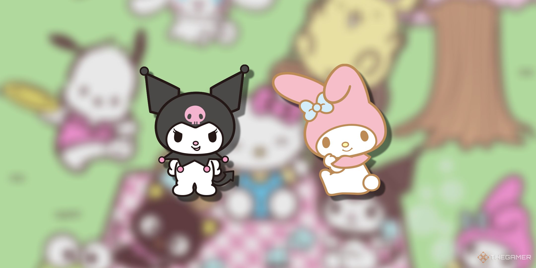 My Melody and Kuromi over a blurry background.