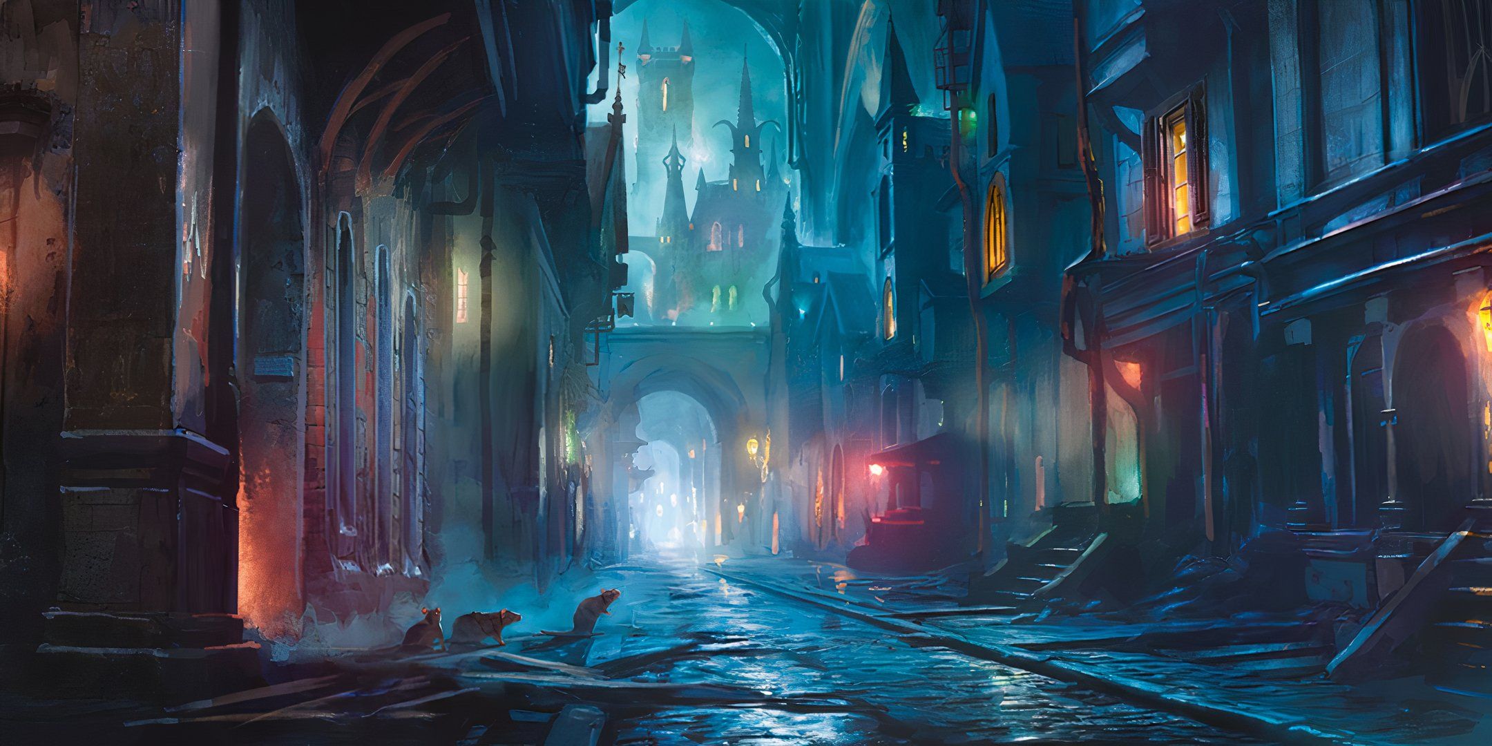 An urban city street complete with rats and wet cobblestones in Dungeons & Dragons. 