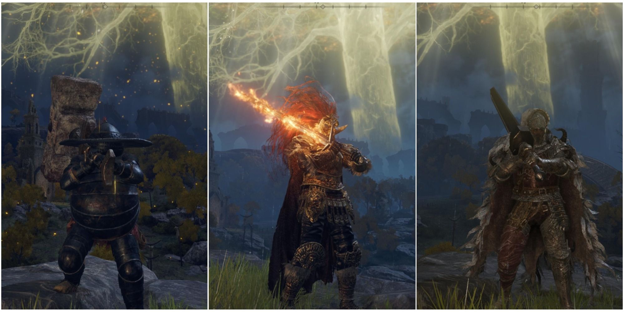 A split image of the Tarnished wielding the Giant Crusher, Flaming Claymore, and Greatsword in Elden Ring.