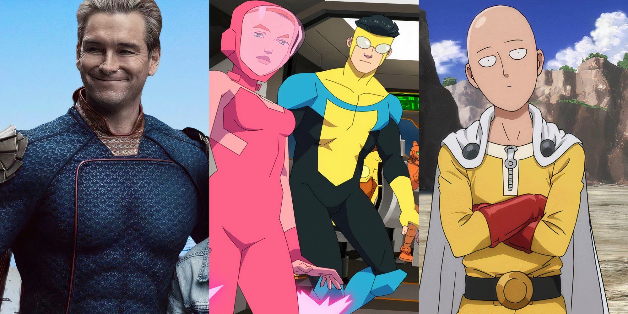 Homelander looking happy in The Boys, Atom Eve and Mark Grayson in Invincible, and Saitama in One Punch Man