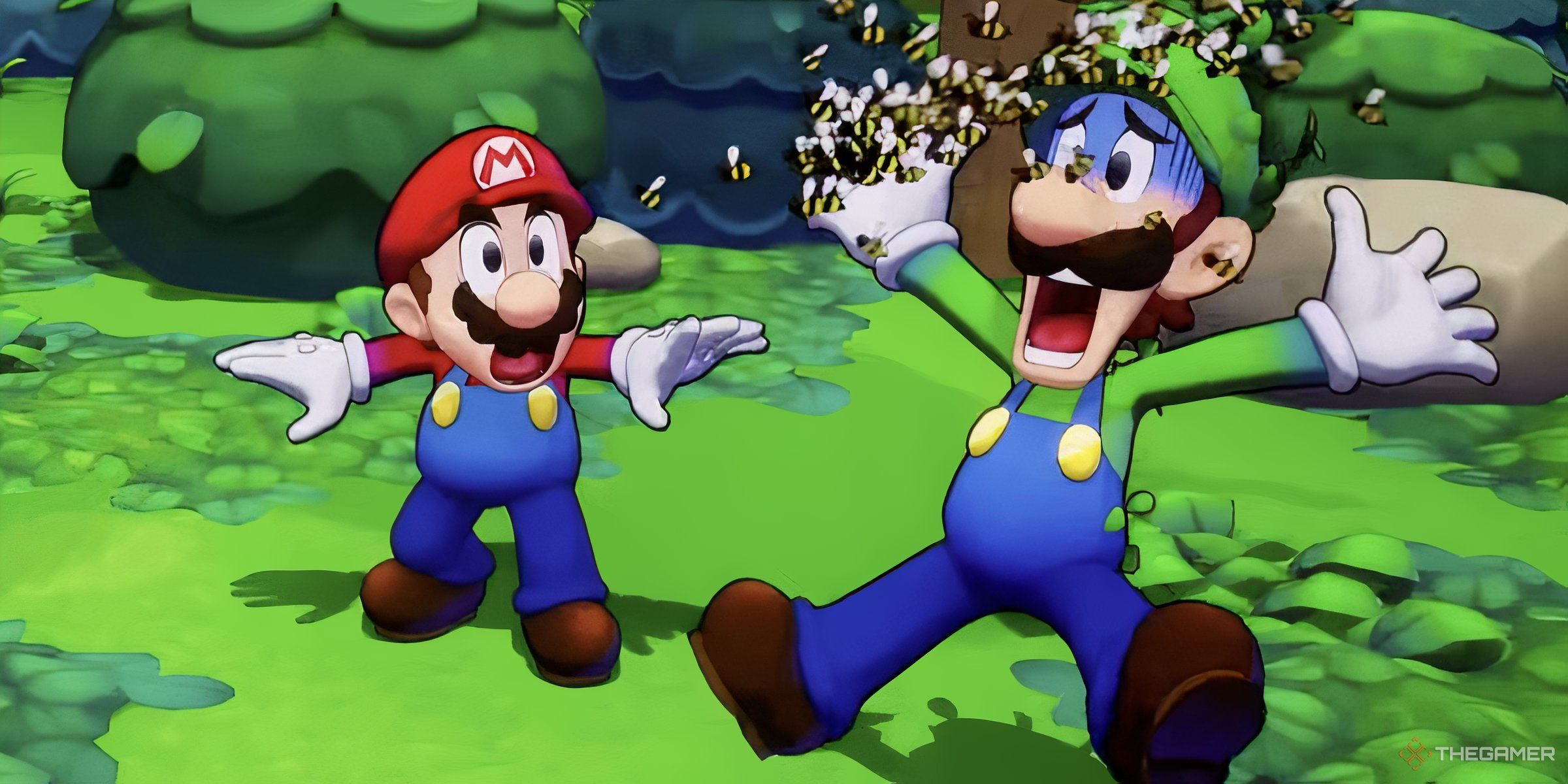 Luigi Being Chased By Some Bees In Fear While Mario Watches In Shock In Mario & Luigi: Brothership.