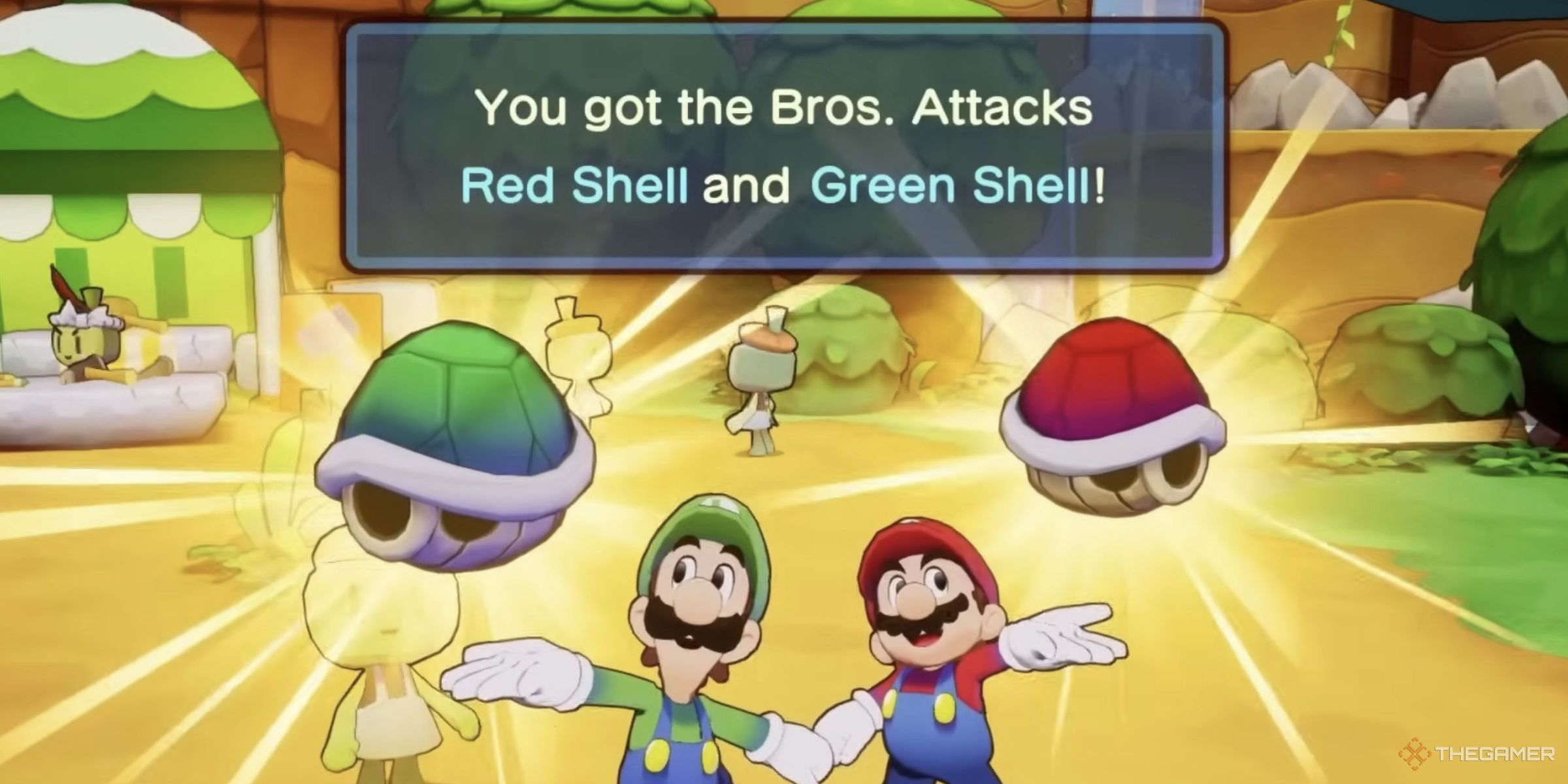 Mario And Luigi Obtaining The Red Shell And Green Shell Bros. Attacks In Mario & Luigi: Brothership.