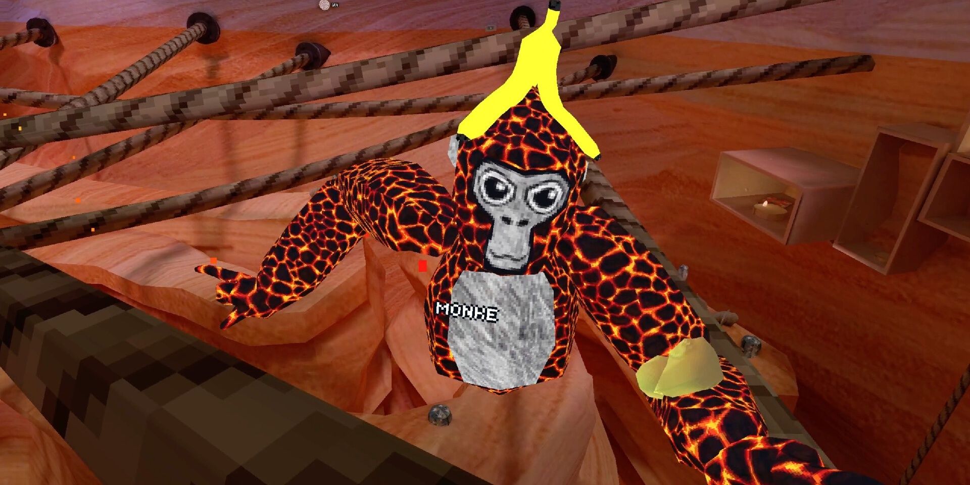 Gorilla Tag: A magma coloured gorilla with a banana on its head.