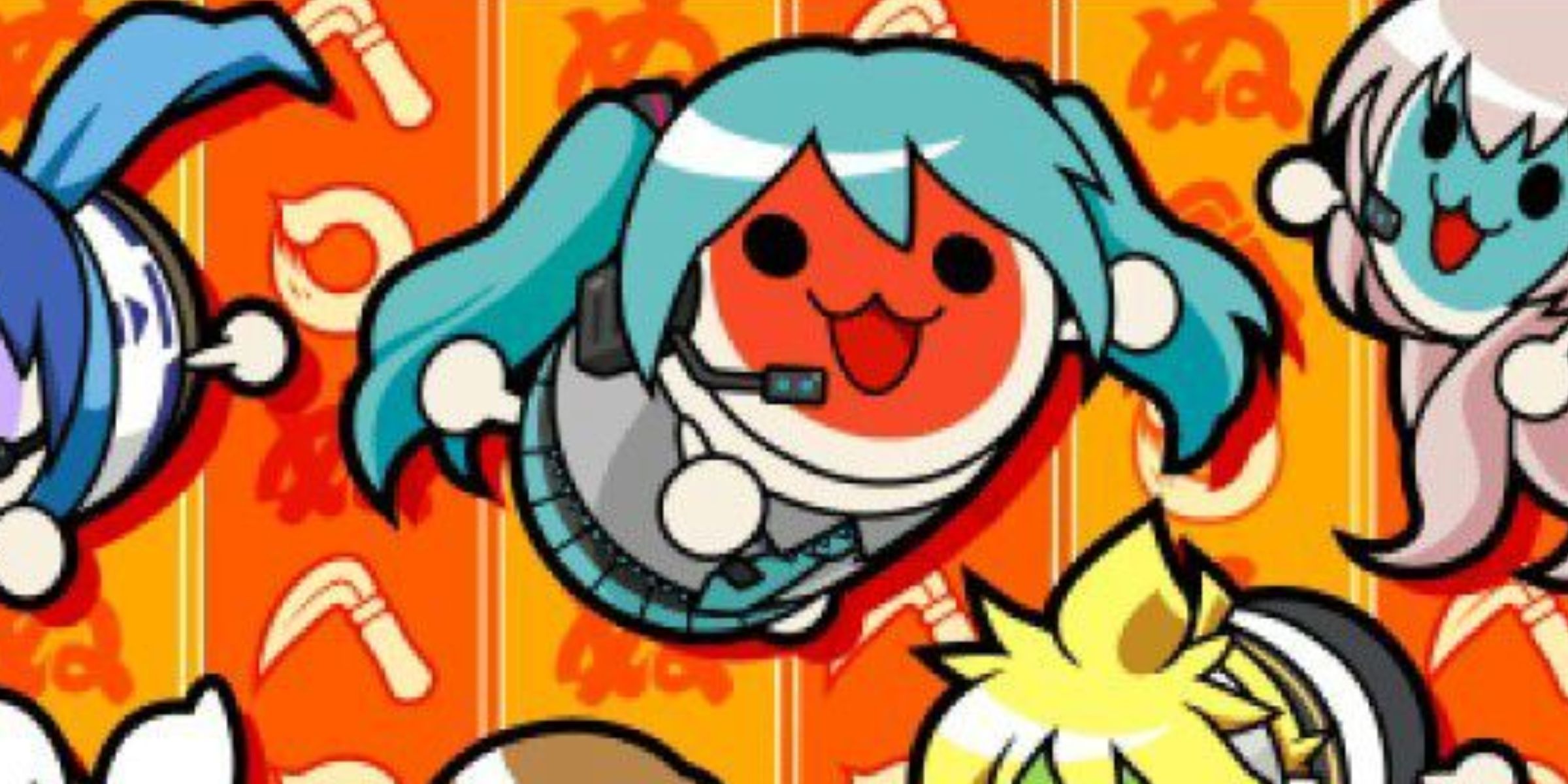 Don-chan_Dressed As Hatsune Miku Alongside Other Characters Dressed As Crypton Future Media Vocaloids In Taiko No Tatsujin X Hatsune Miku Collab Promotional Art.