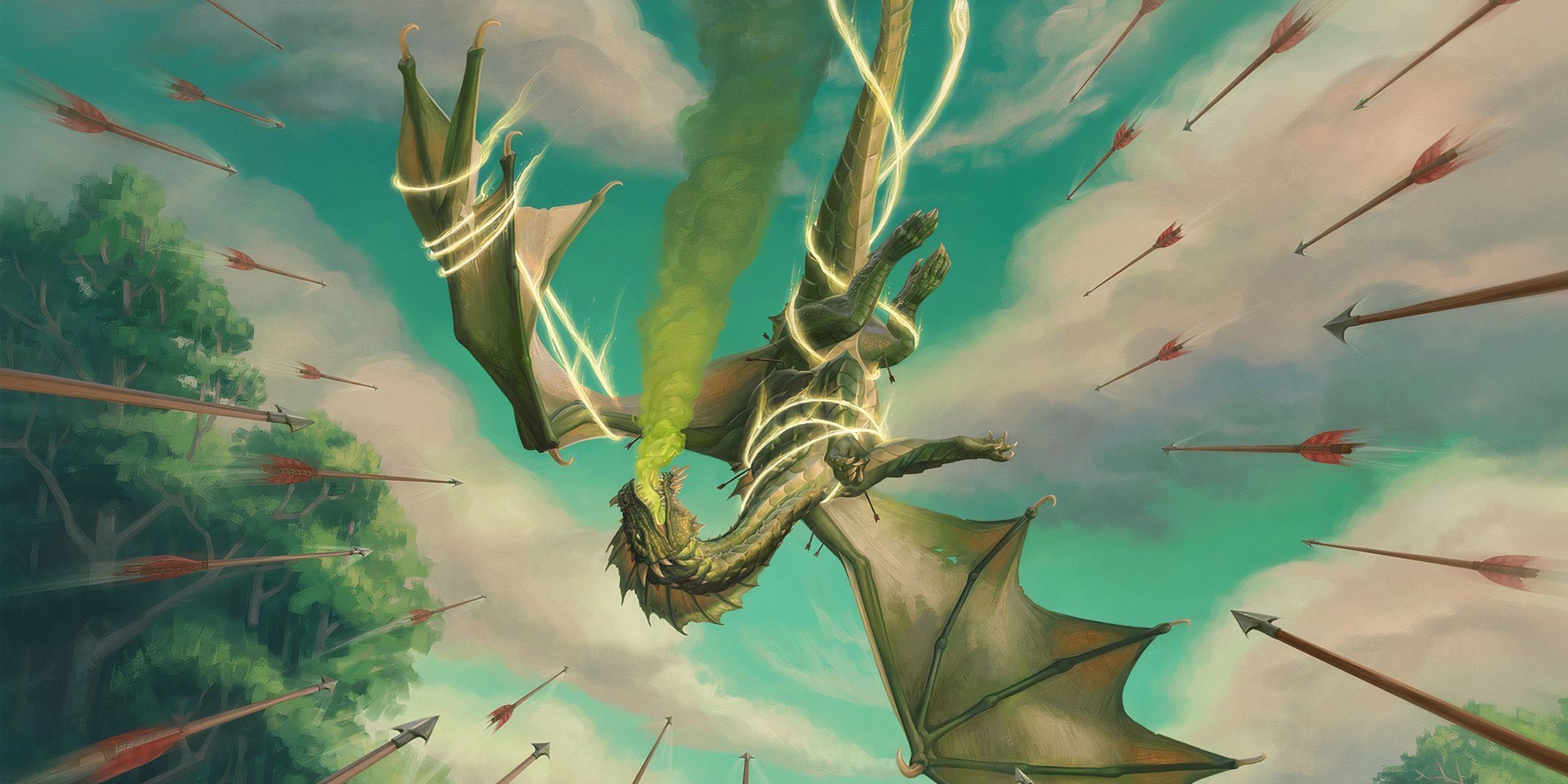 A green dragon falls to the earth in Dungeons & Dragons.