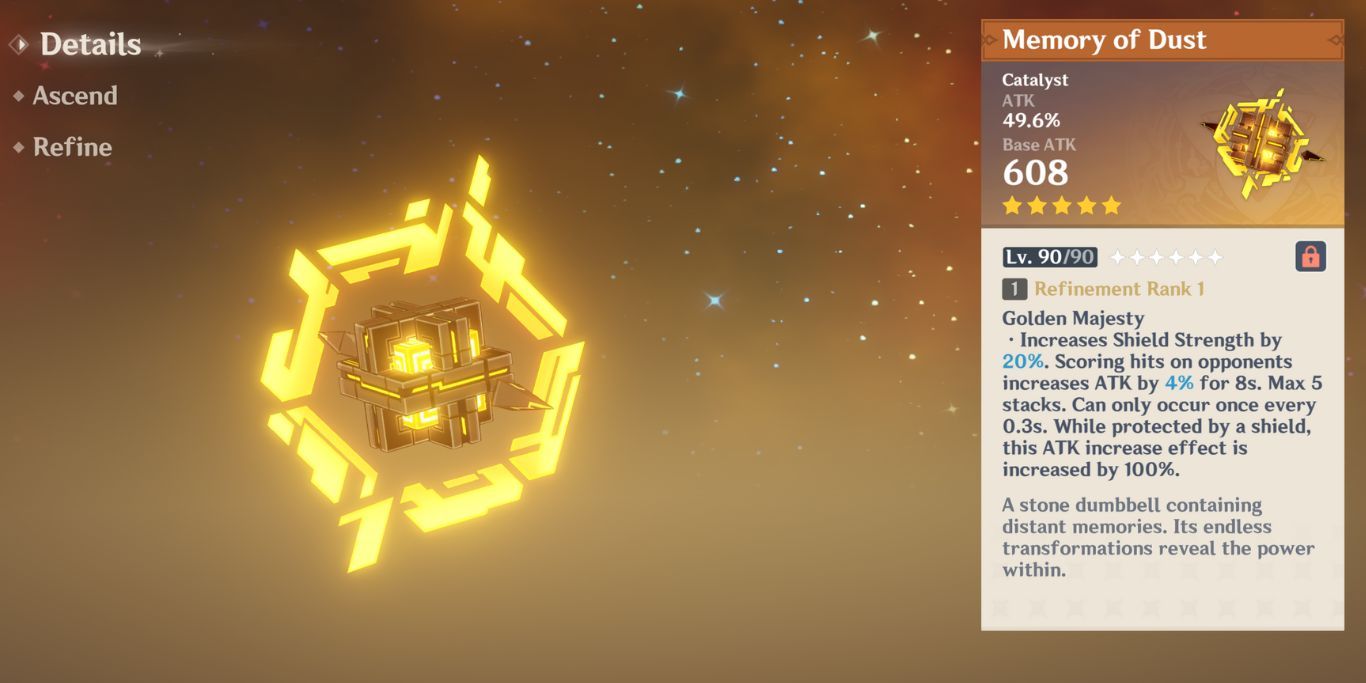 Genshin Impact's Memory Of Dust alongside its description and stats.