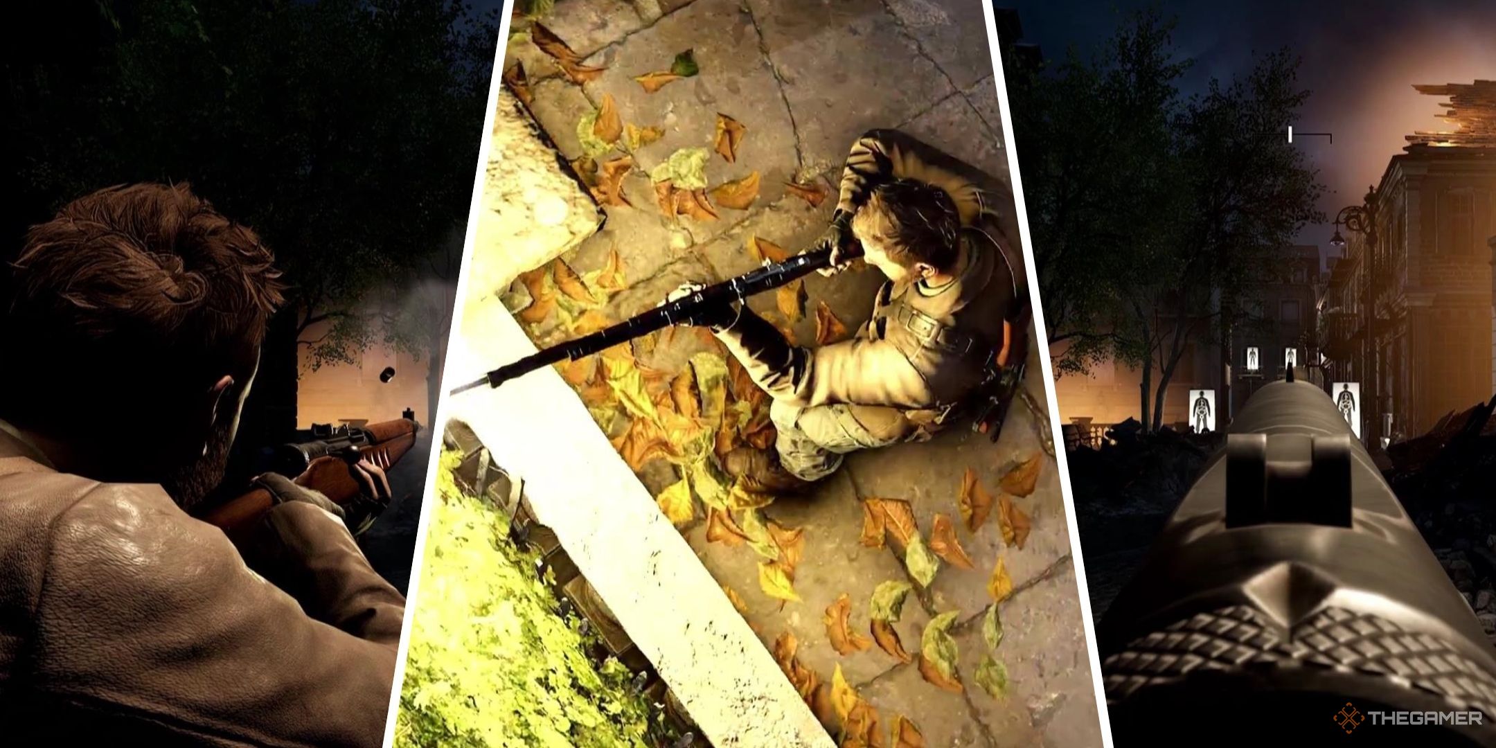 Harry Hawke fires different weapons, one on the left, one on the right, and one in the center, all in Sniper Elite: Resistanc.